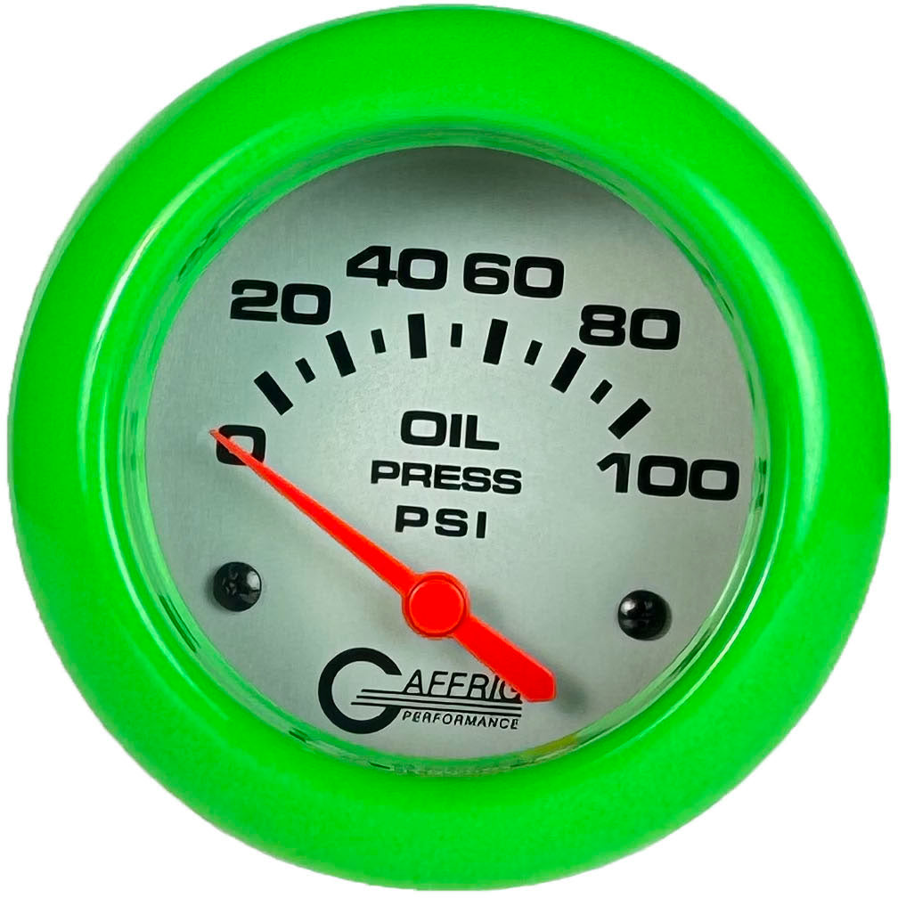 GAFFRIG PART #11002 2 5/8 INCH ELECTRIC OIL PRESSURE 0-100 PSI - INCLUDES SENDER PLATINUM LIME GREEN