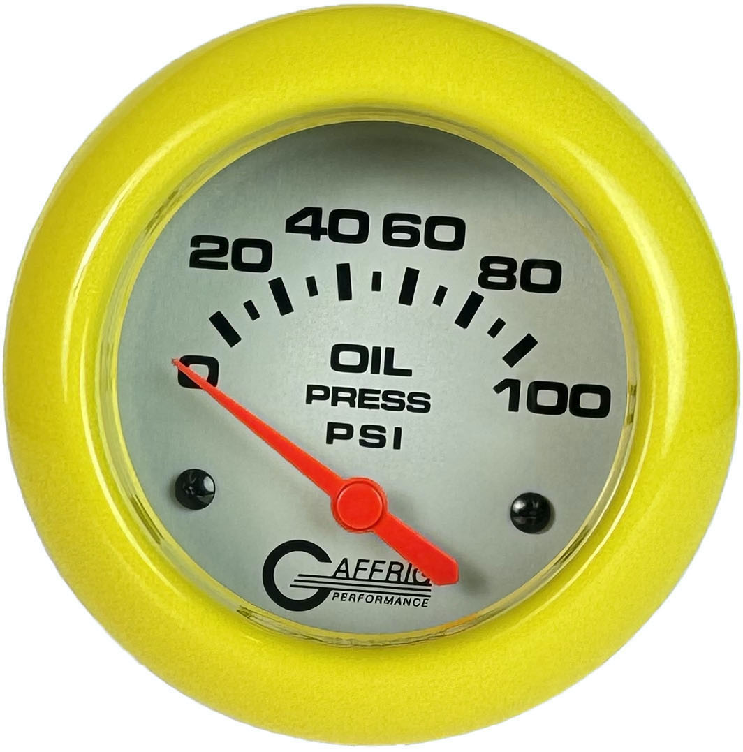 GAFFRIG PART #11002 2 5/8 INCH ELECTRIC OIL PRESSURE 0-100 PSI - INCLUDES SENDER PLATINUM YELLOW