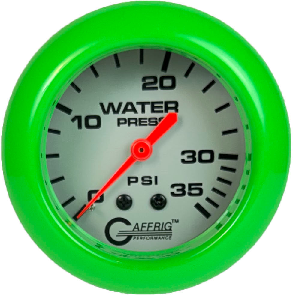 GAFFRIG PART #11014 2 5/8 INCH MECHANICAL WATER PRESSURE GAUGE 0-35 PSI PLATINUM LIME GREEN
