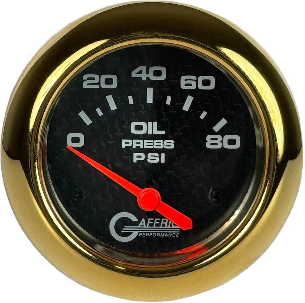 GAFFRIG PART #12001 2 5/8 INCH ELECTRIC OIL PRESSURE 0-80 PSI CARBON FIBER - INCLUDES SENDER GOLD