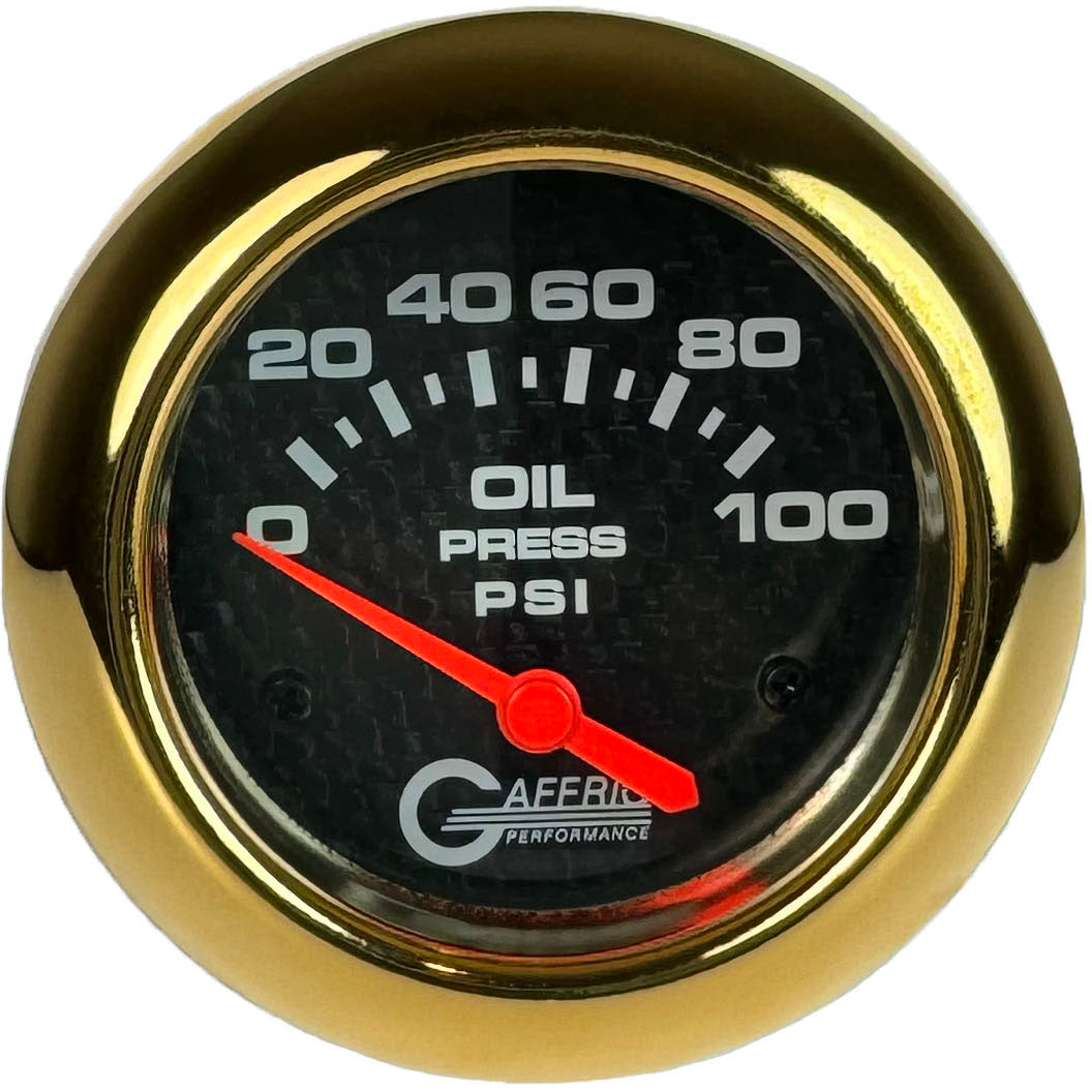 GAFFRIG PART #12002 2 5/8 INCH ELECTRIC OIL PRESSURE 0-100 PSI CARBON FIBER - INCLUDES SENDER GOLD
