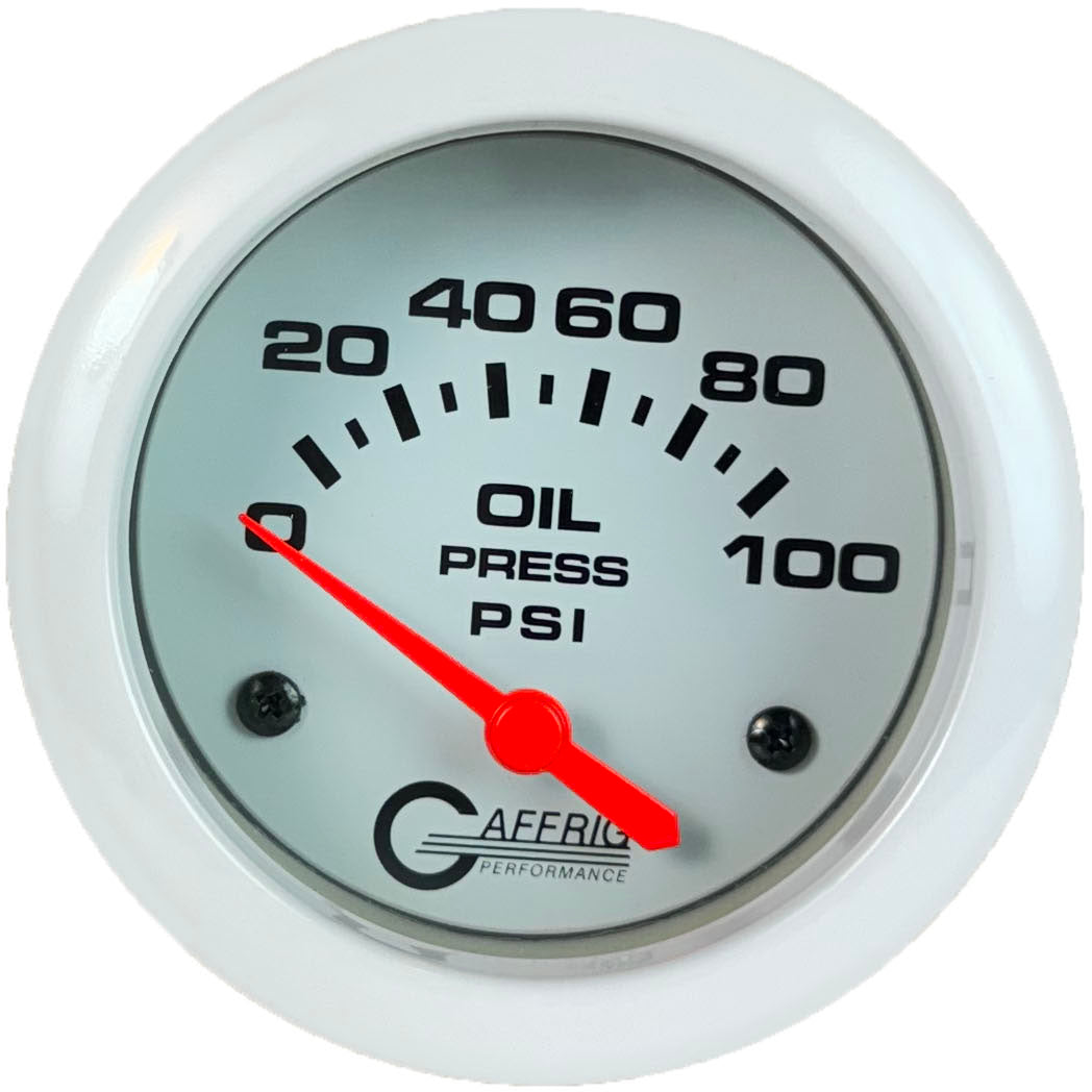GAFFRIG PART #13002 2 5/8 INCH ELECTRIC OIL PRESSURE 0-100 PSI - INCLUDES SENDER WHITE WHITE