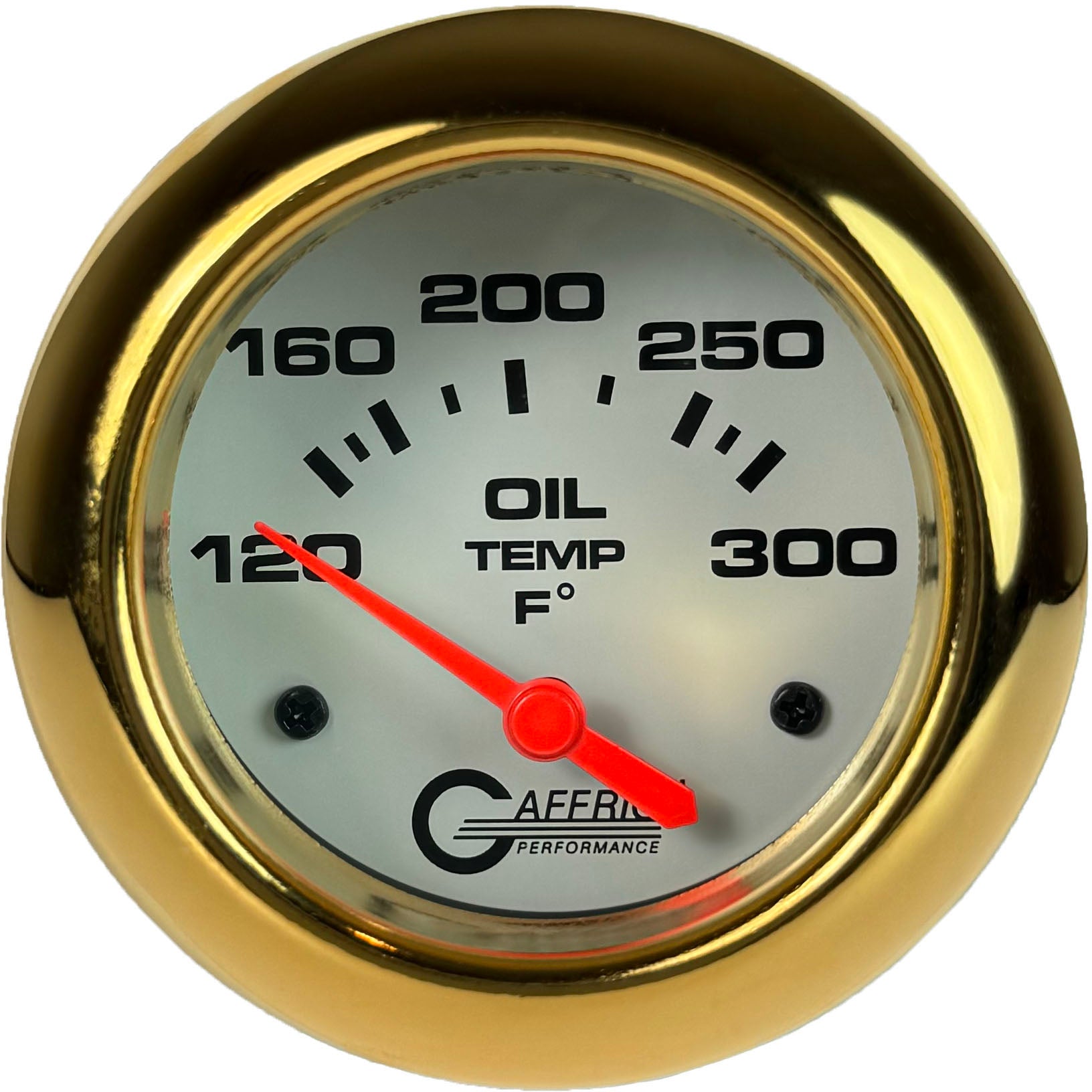 GAFFRIG PART #13003 2 5/8 INCH ELECTRIC OIL TEMP GAUGE 100-300 F - INCLUDES SENDER & BUSHING KIT WHITE GOLD