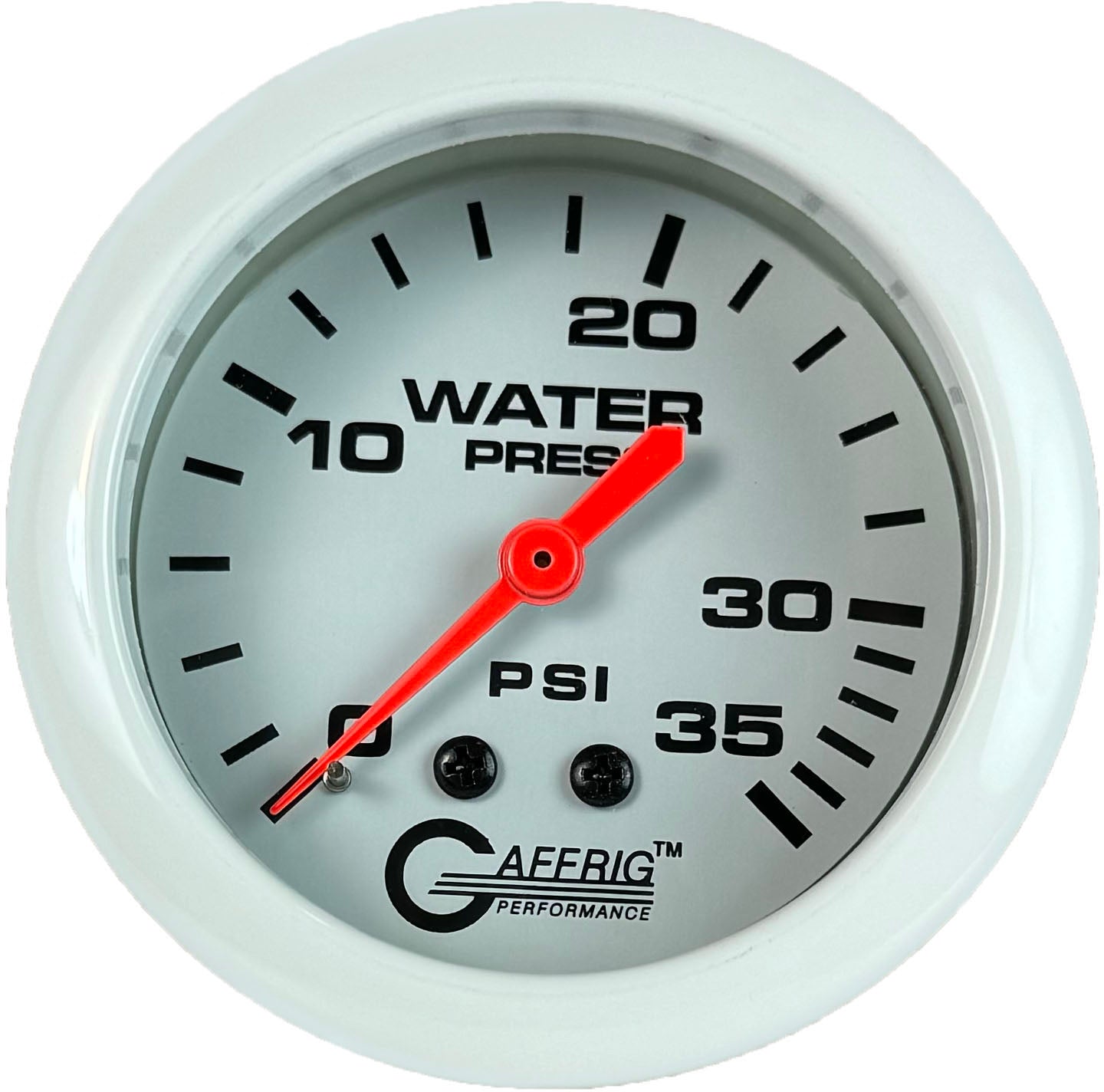 GAFFRIG PART #13014 2 5/8 INCH MECHANICAL WATER PRESSURE GAUGE 0-35 PSI WHITE NO FAT RIM (STANDARD)