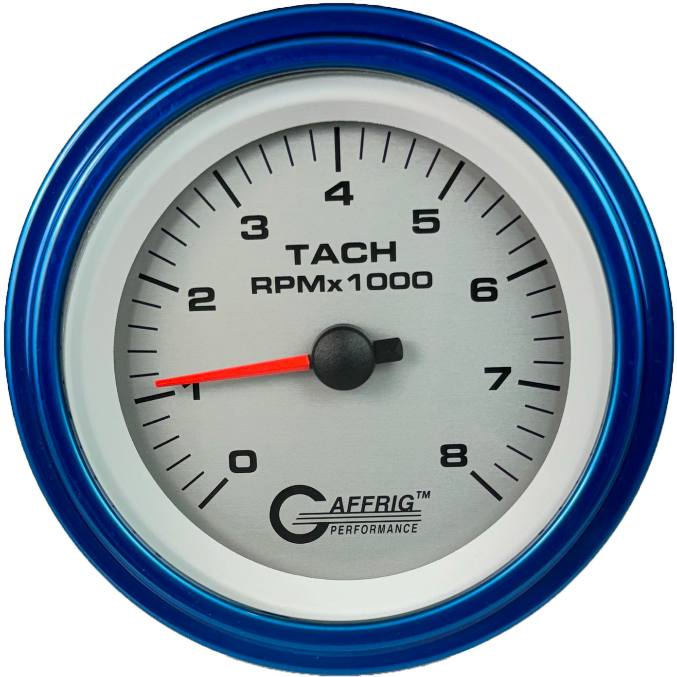 GAFFRIG PART #4755 3 3/8 INCH ELECTRIC TACHOMETER GAUGE 0-8000 RPM PLATINUM BLUE / STEP RIM