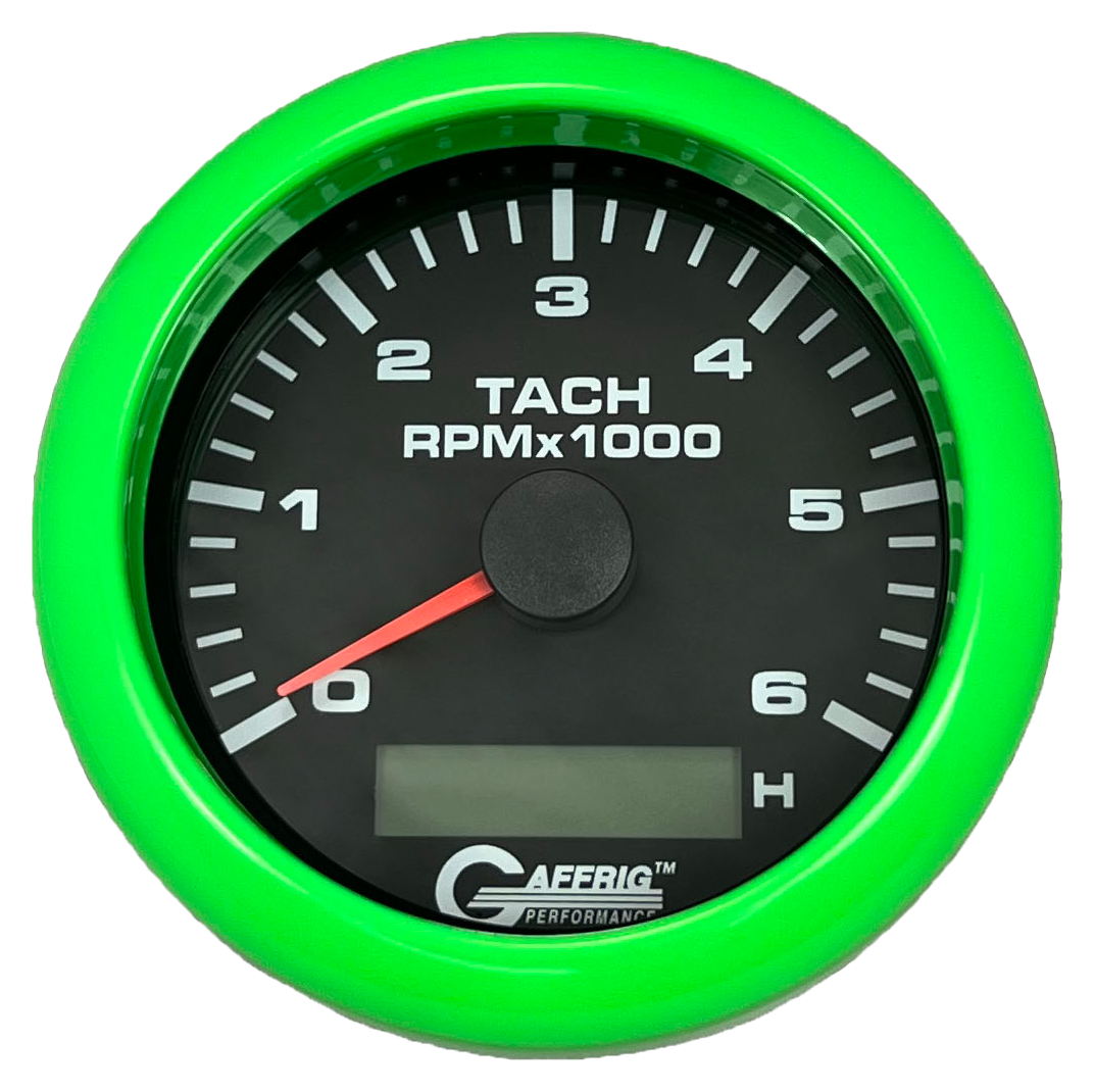 #184258 3 3/8 INCH ELECTRIC TACH/HOUR METER 0-6000 RPM BLACK Lime Green / Step
