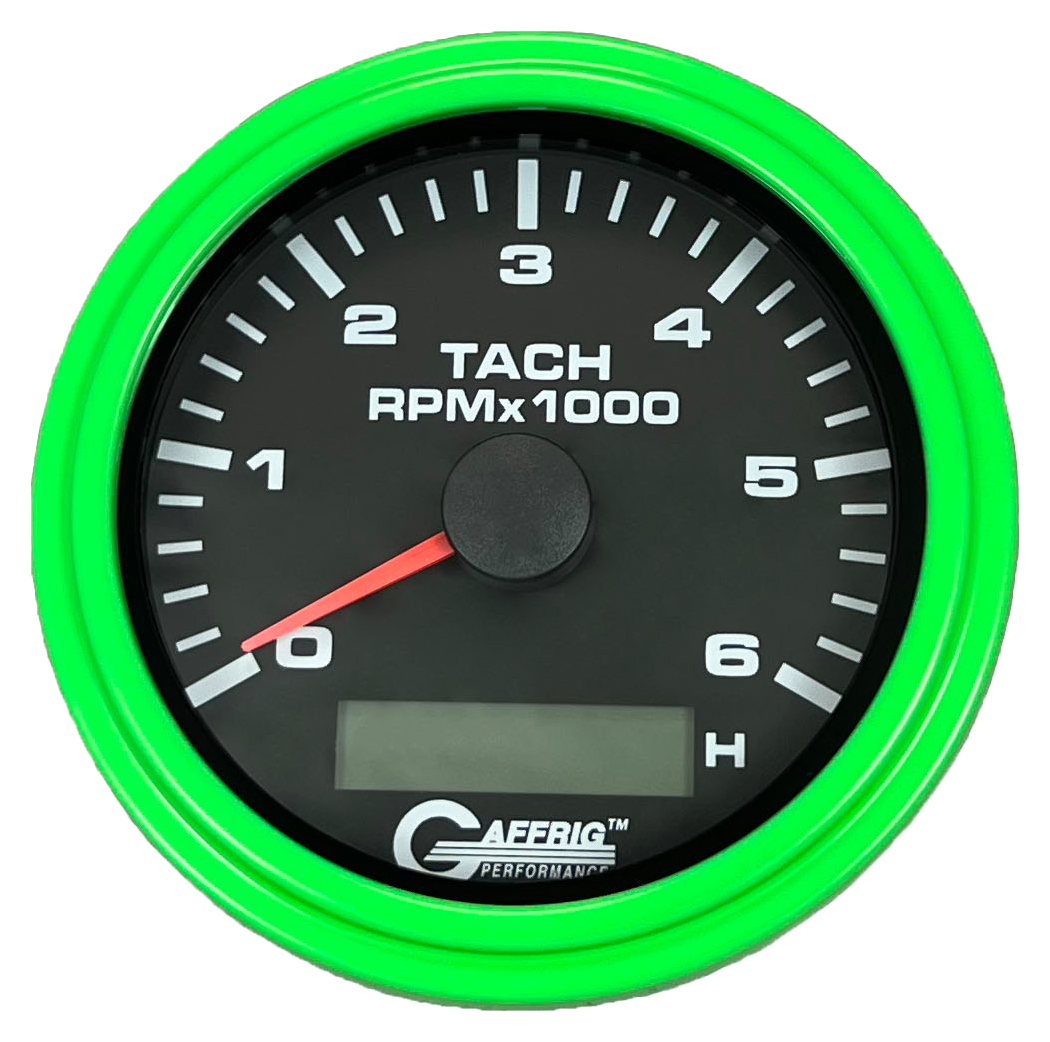 #184258 3 3/8 INCH ELECTRIC TACH/HOUR METER 0-6000 RPM BLACK Lime Green / Step
