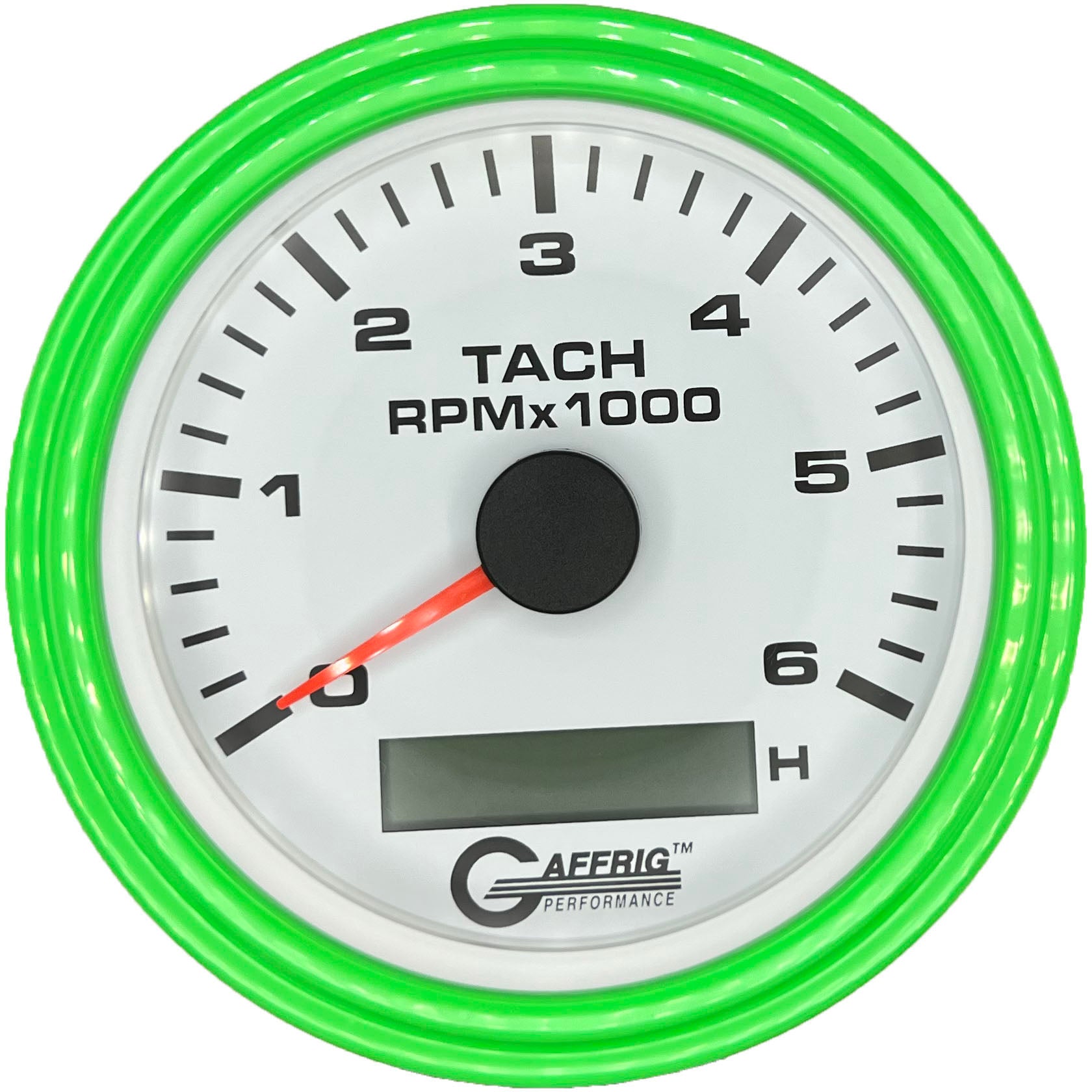 GAFFRIG PART #184758 3 3/8 INCH ELECTRIC TACH/HOUR METER GAUGE 0-6000 RPM WHITE LIME GREEN / STEP RIM