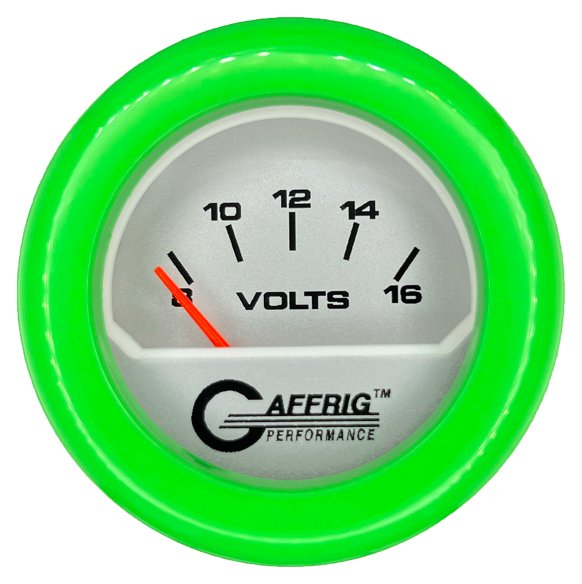 #195832 2 INCH ELECTRIC VOLTMETER 8-16 VOLT PLATINUM Lime Green / Step