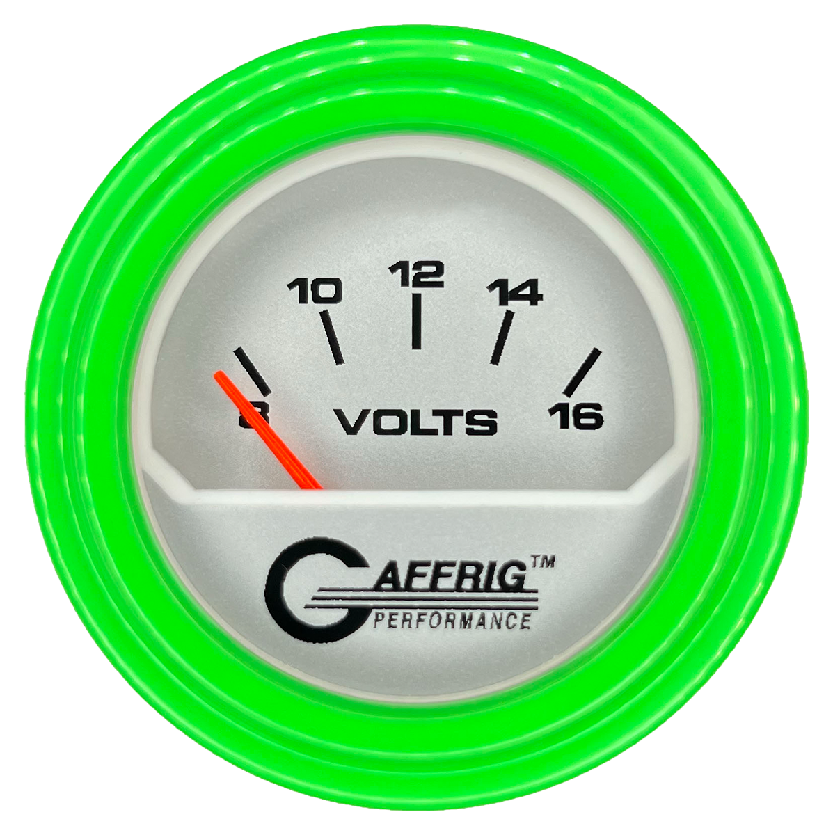 #195832 2 INCH ELECTRIC VOLTMETER 8-16 VOLT PLATINUM Lime Green / Step
