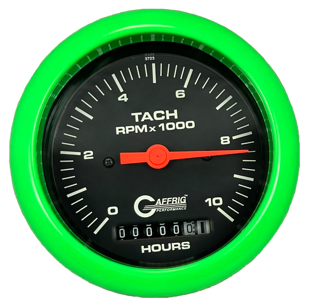 #4256 3 3/8 INCH ELECTRIC TACH/HOUR METER 0-10000 RPM BLACK Lime Green / Step