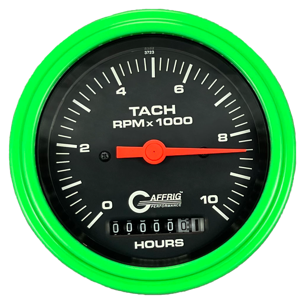 #4256 3 3/8 INCH ELECTRIC TACH/HOUR METER 0-10000 RPM BLACK Lime Green / Step