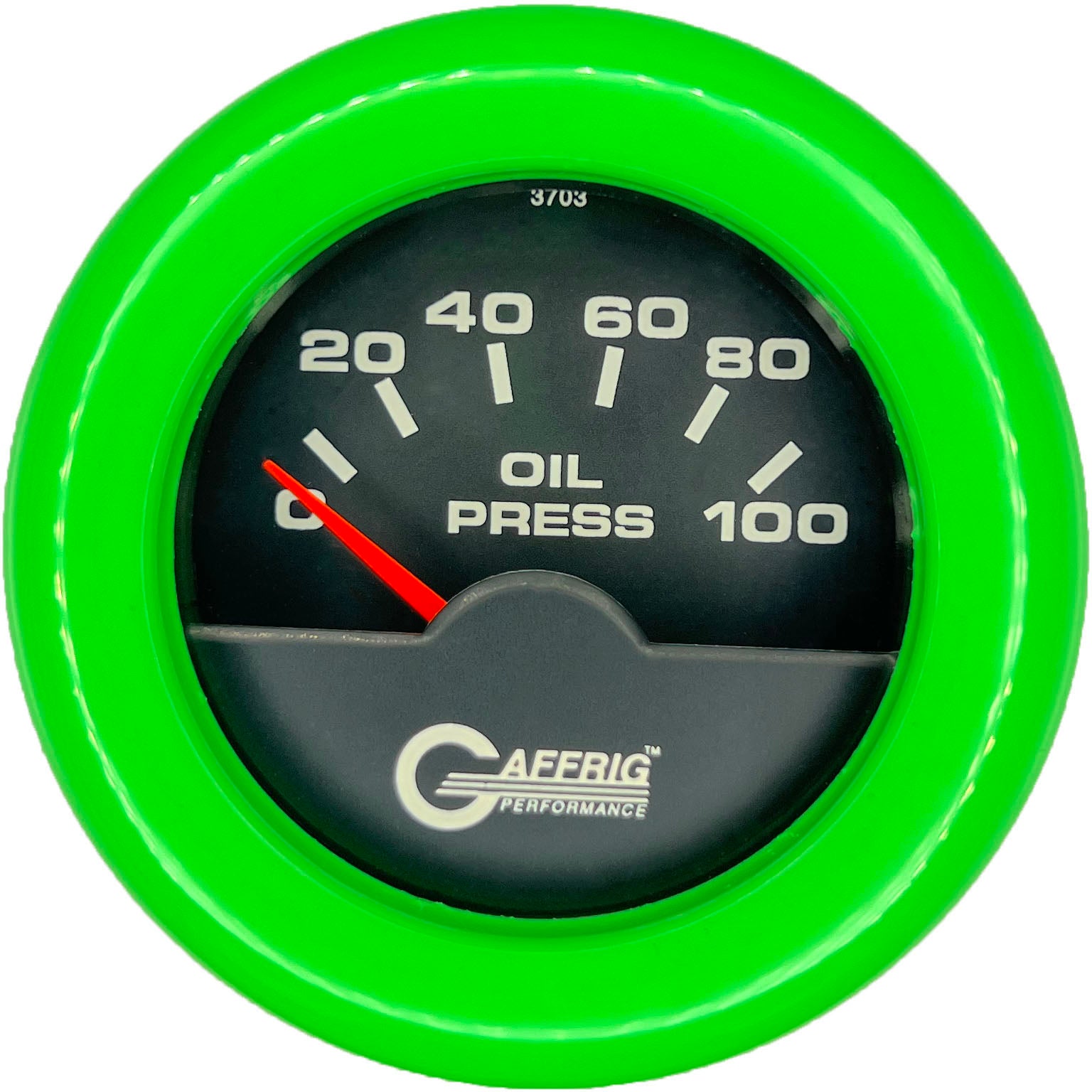 GAFFRIG PART #5012 2 INCH ELECTRIC OIL PRESSURE GAUGE 0-100 PSI BLACK LIME GREEN / STEP RIM