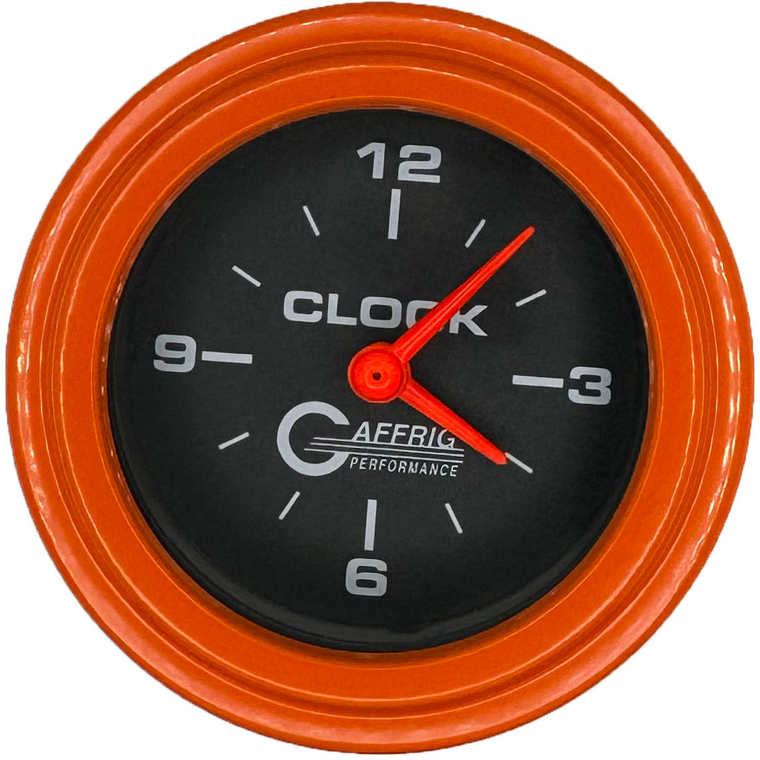 GAFFRIG PART #5054 2 INCH ELECTRIC CLOCK GAUGE BLACK ORANGE / STEP RIM