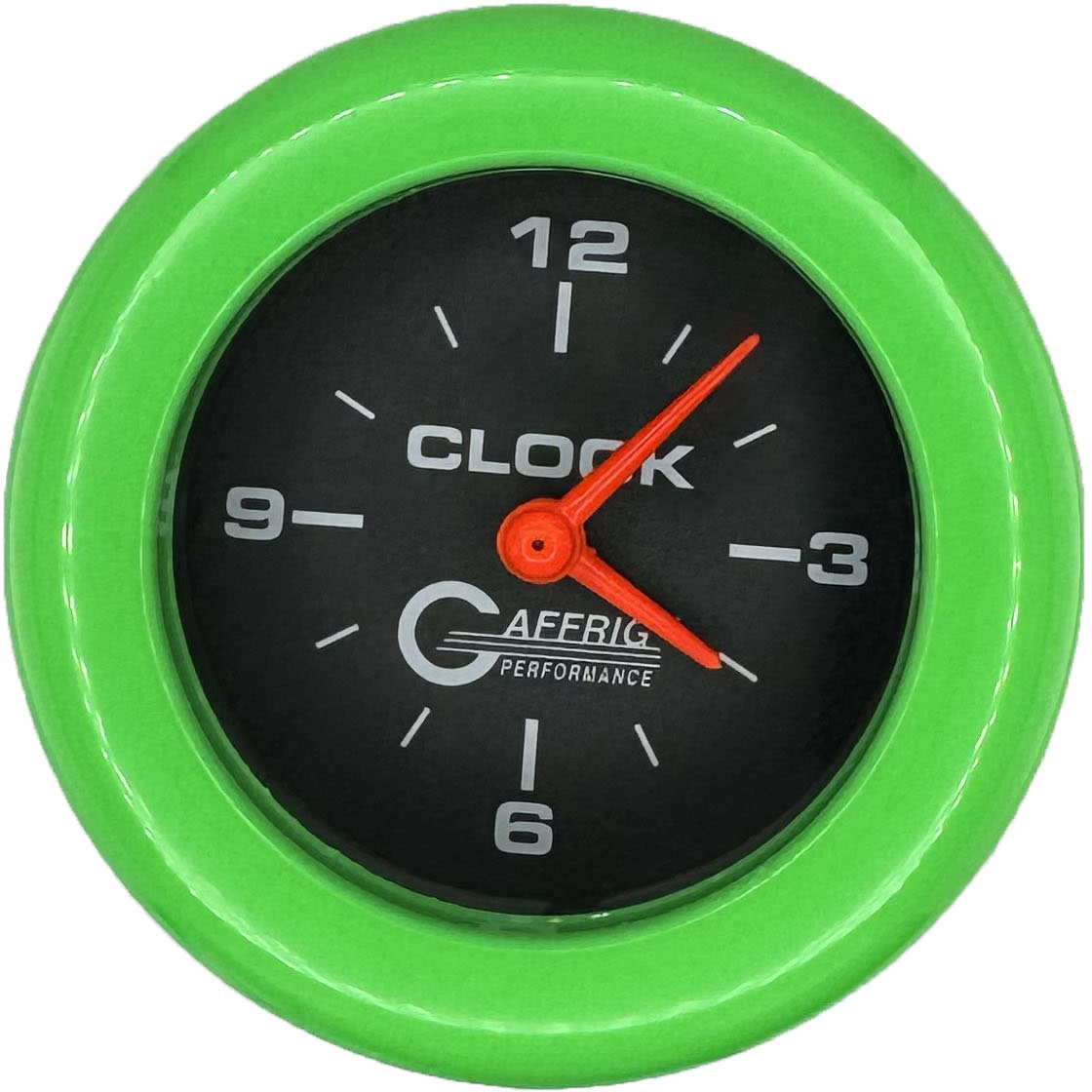 GAFFRIG PART #5054 2 INCH ELECTRIC CLOCK GAUGE BLACK LIME GREEN / STEP RIM