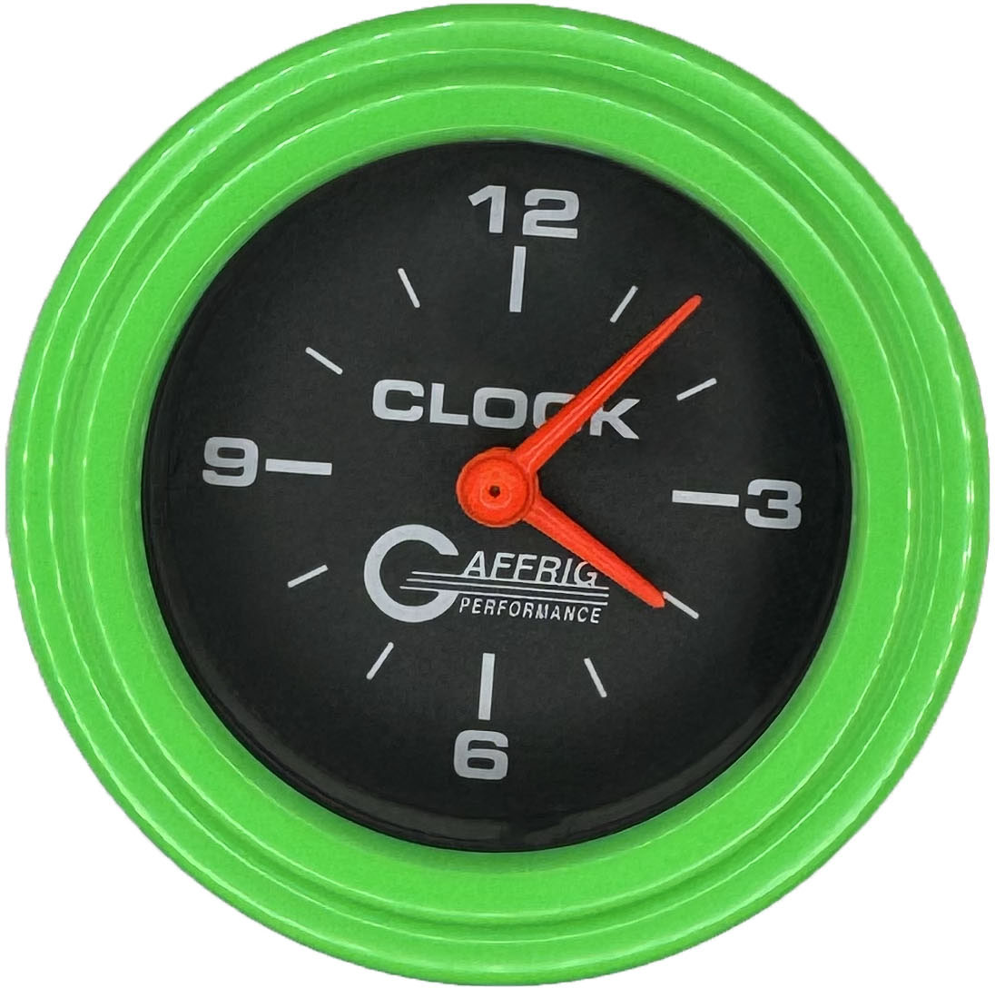 GAFFRIG PART #5054 2 INCH ELECTRIC CLOCK GAUGE BLACK LIME GREEN / STEP RIM