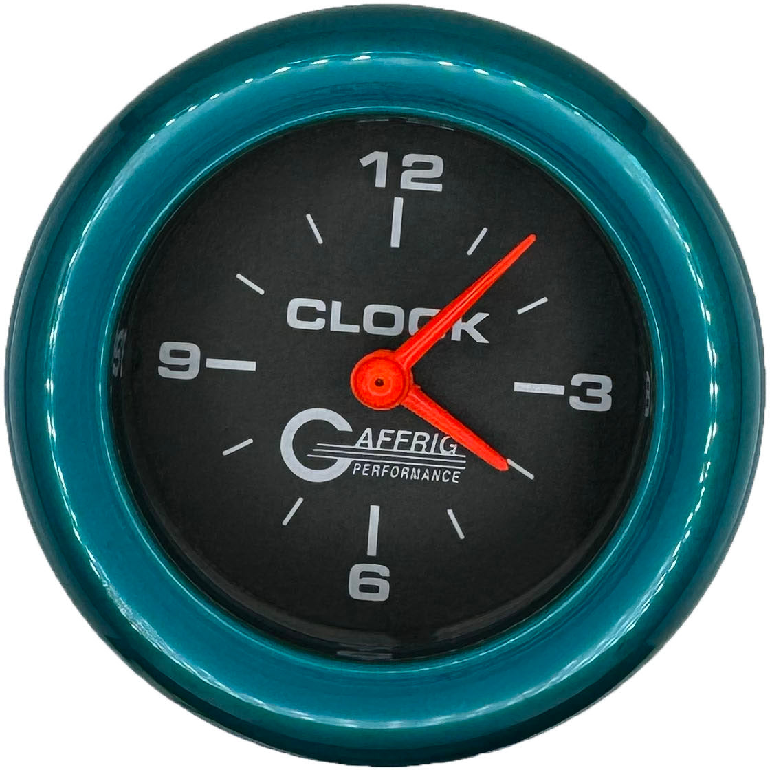 GAFFRIG PART #5054 2 INCH ELECTRIC CLOCK GAUGE BLACK TEAL / STEP RIM