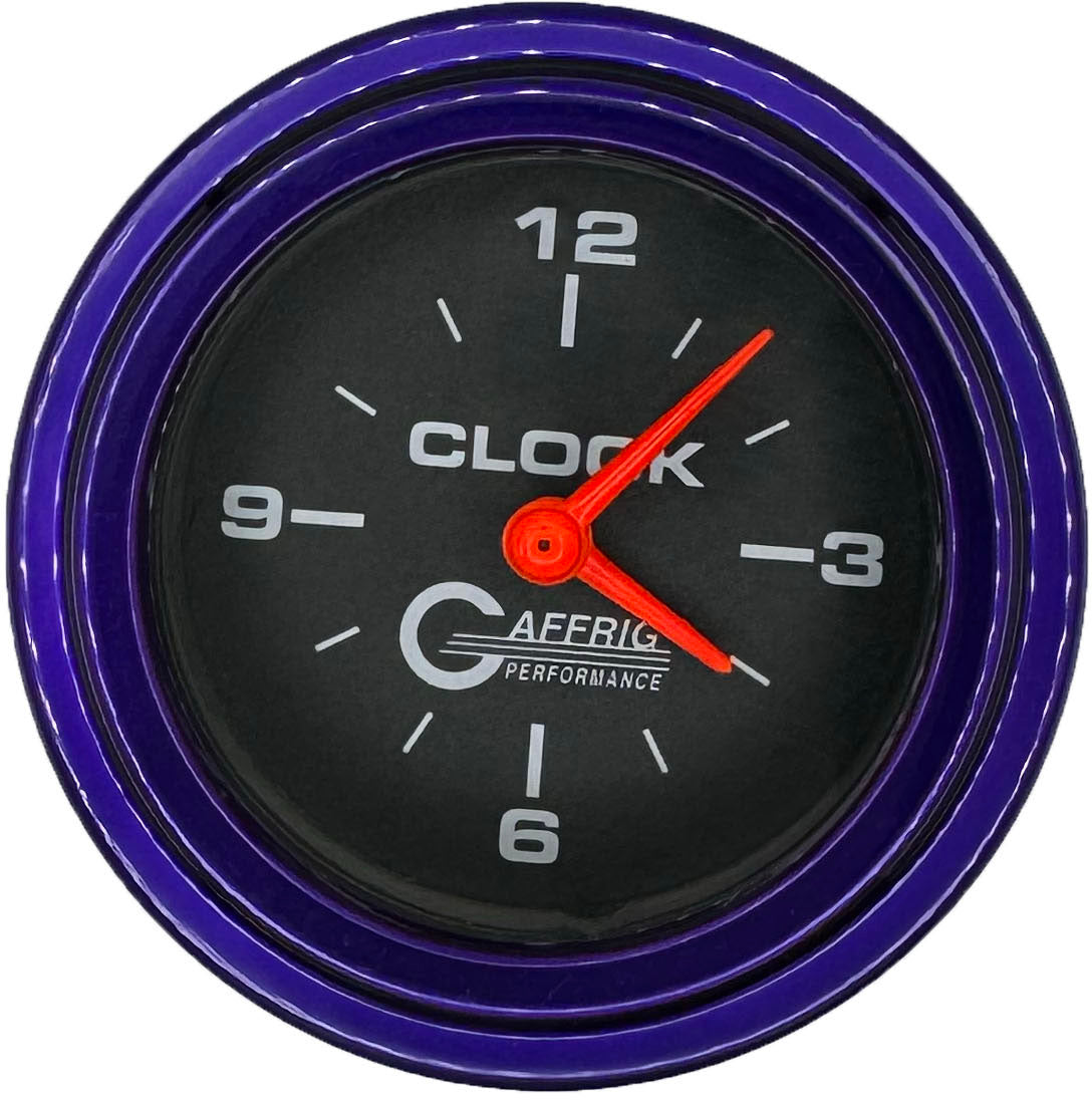 GAFFRIG PART #5054 2 INCH ELECTRIC CLOCK GAUGE BLACK PURPLE / STEP RIM