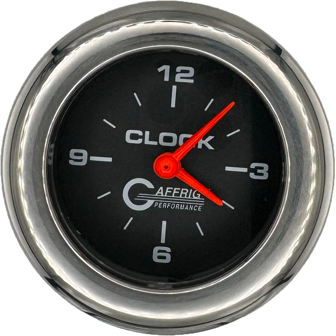 GAFFRIG PART #5054 2 INCH ELECTRIC CLOCK GAUGE BLACK CHROME / STEP RIM