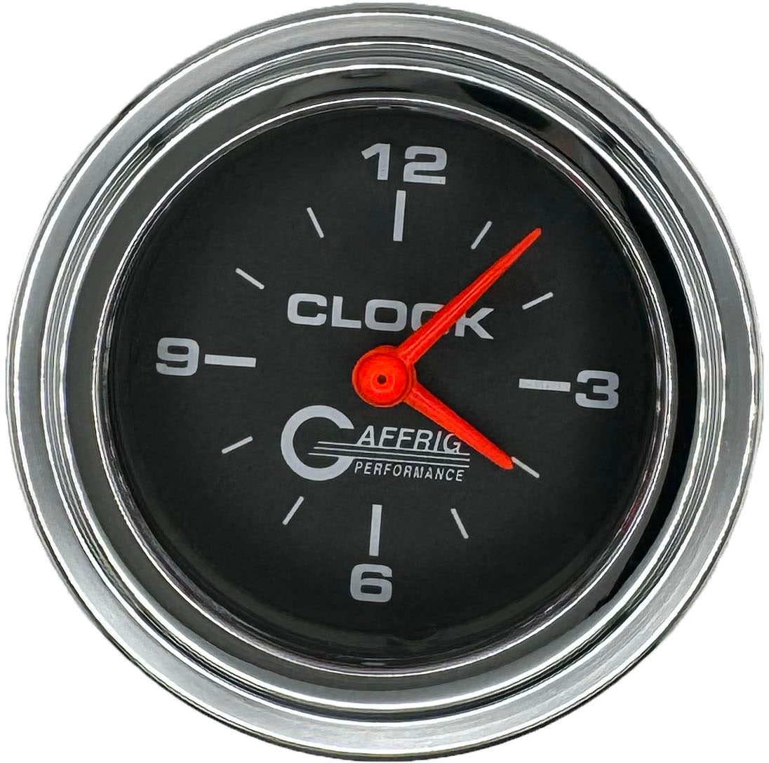 GAFFRIG PART #5054 2 INCH ELECTRIC CLOCK GAUGE BLACK CHROME / STEP RIM