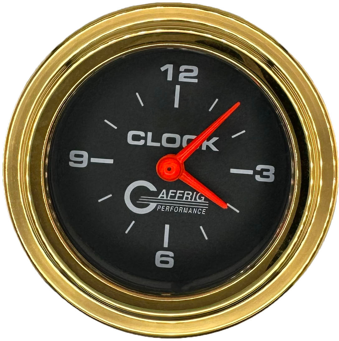 GAFFRIG PART #5054 2 INCH ELECTRIC CLOCK GAUGE BLACK GOLD / STEP RIM