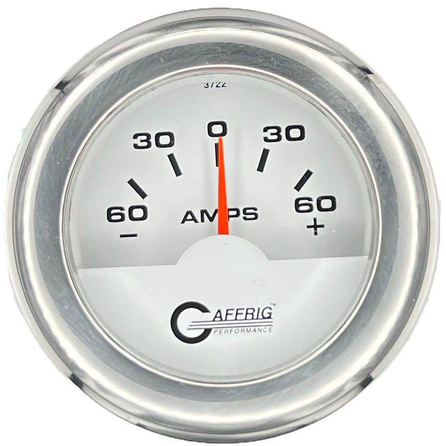 GAFFRIG PART #5500 2 INCH ELECTRIC AMMETER GAUGE -60/+60 AMP WHITE CHROME / STEP RIM