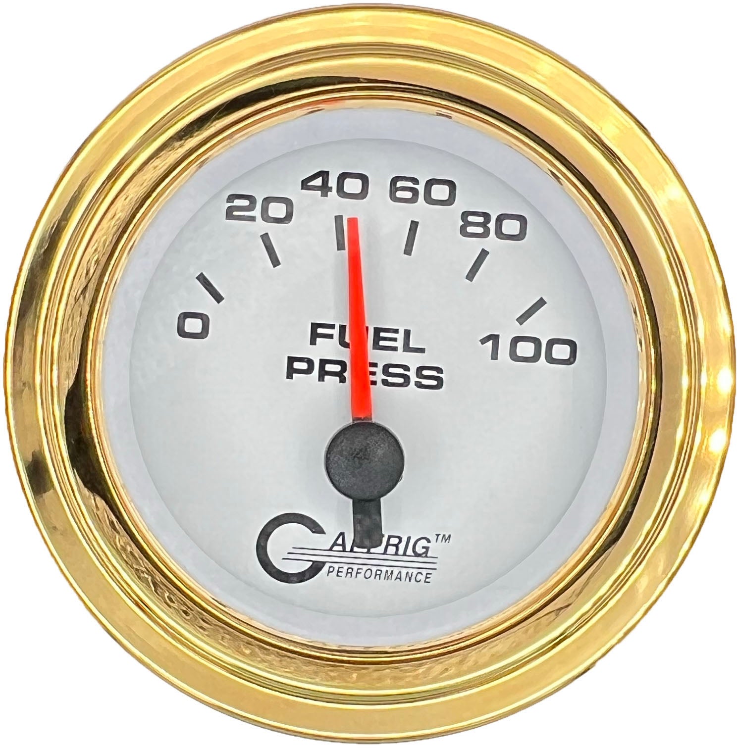 GAFFRIG PART #5504 2 INCH ELECTRIC FUEL PRESS. GAUGE 0-100 PSI WHITE GOLD / STEP RIM