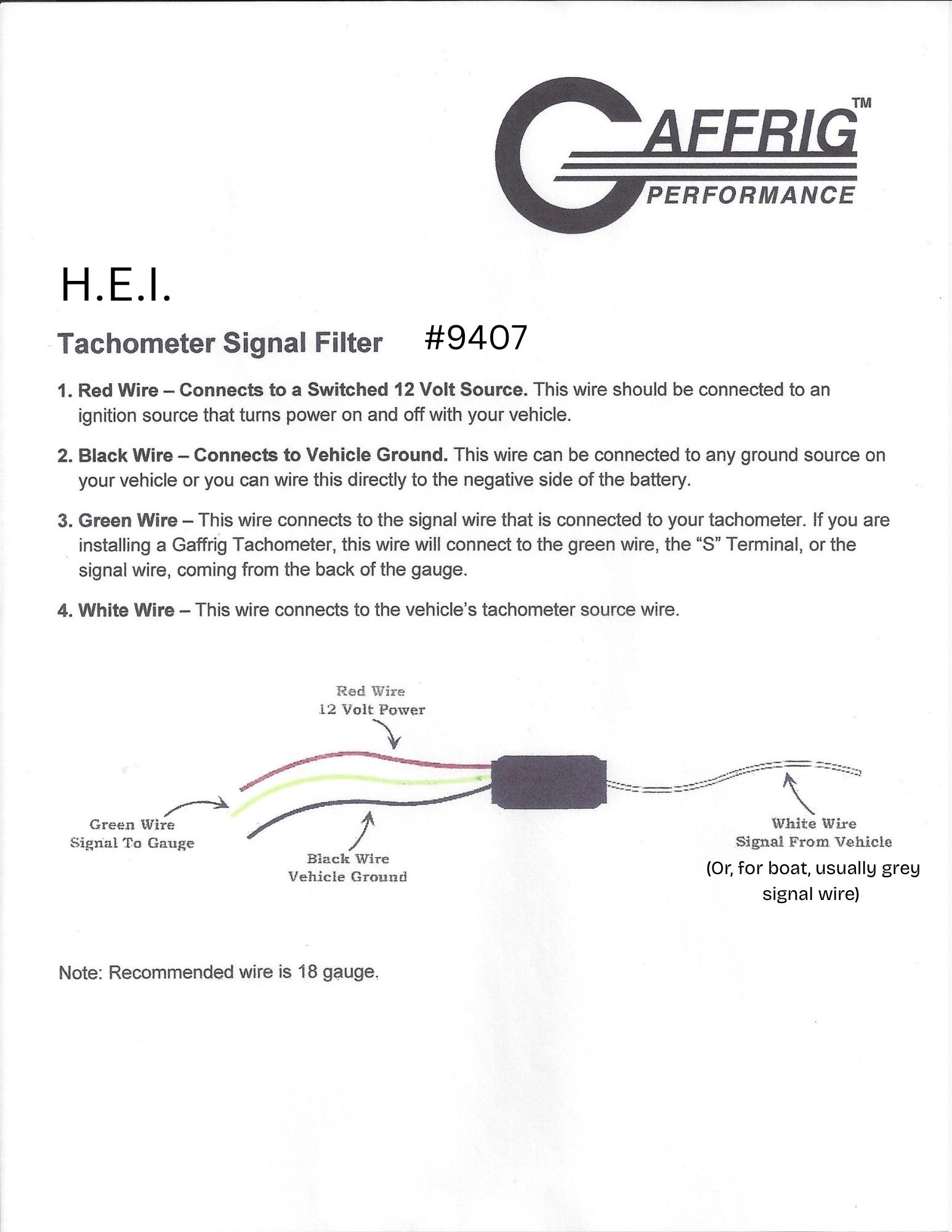 GAFFRIG PART #9407 TACHOMETER SIGNAL FILTER - H.E.I.
