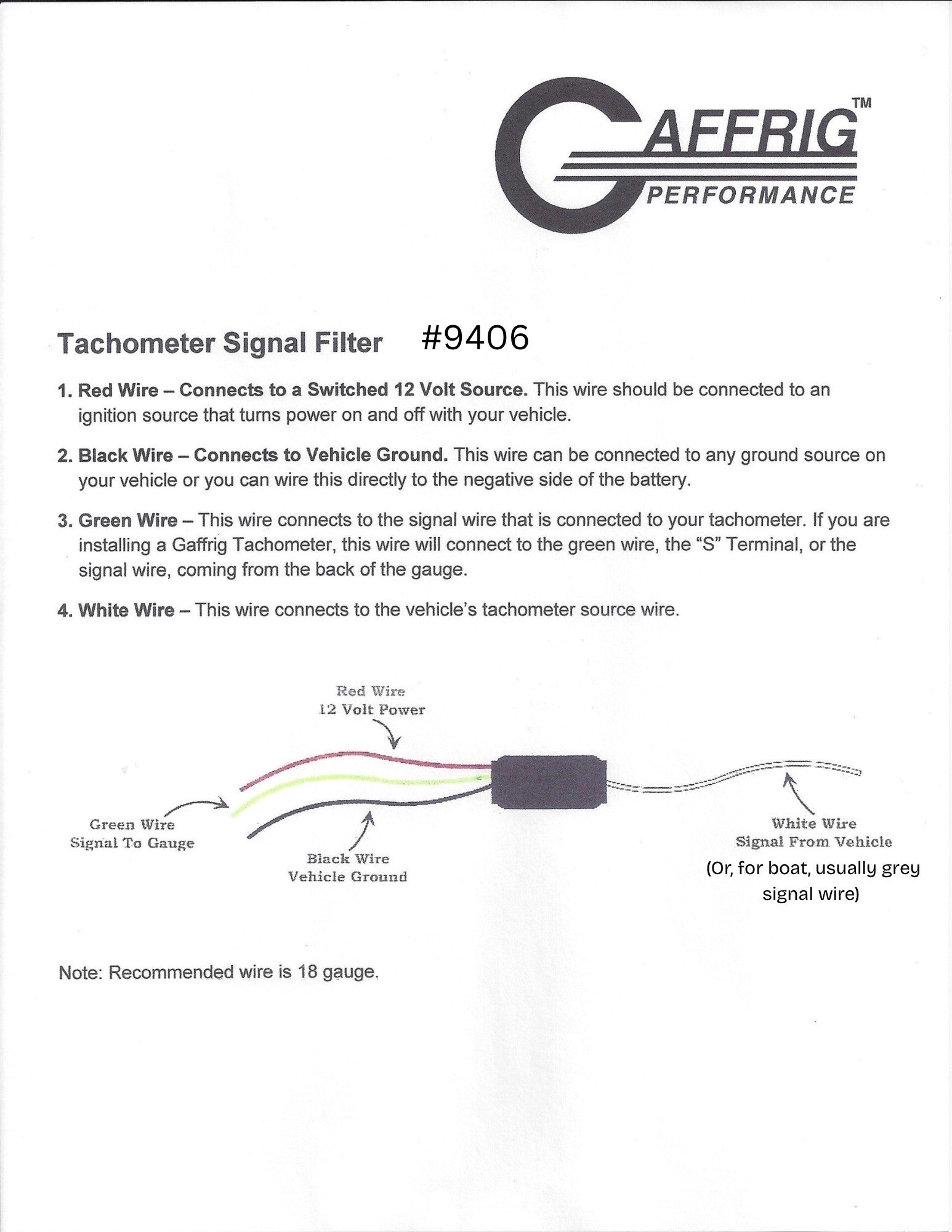 GAFFRIG PART #9406 TACHOMETER SIGNAL FILTER - REGULAR