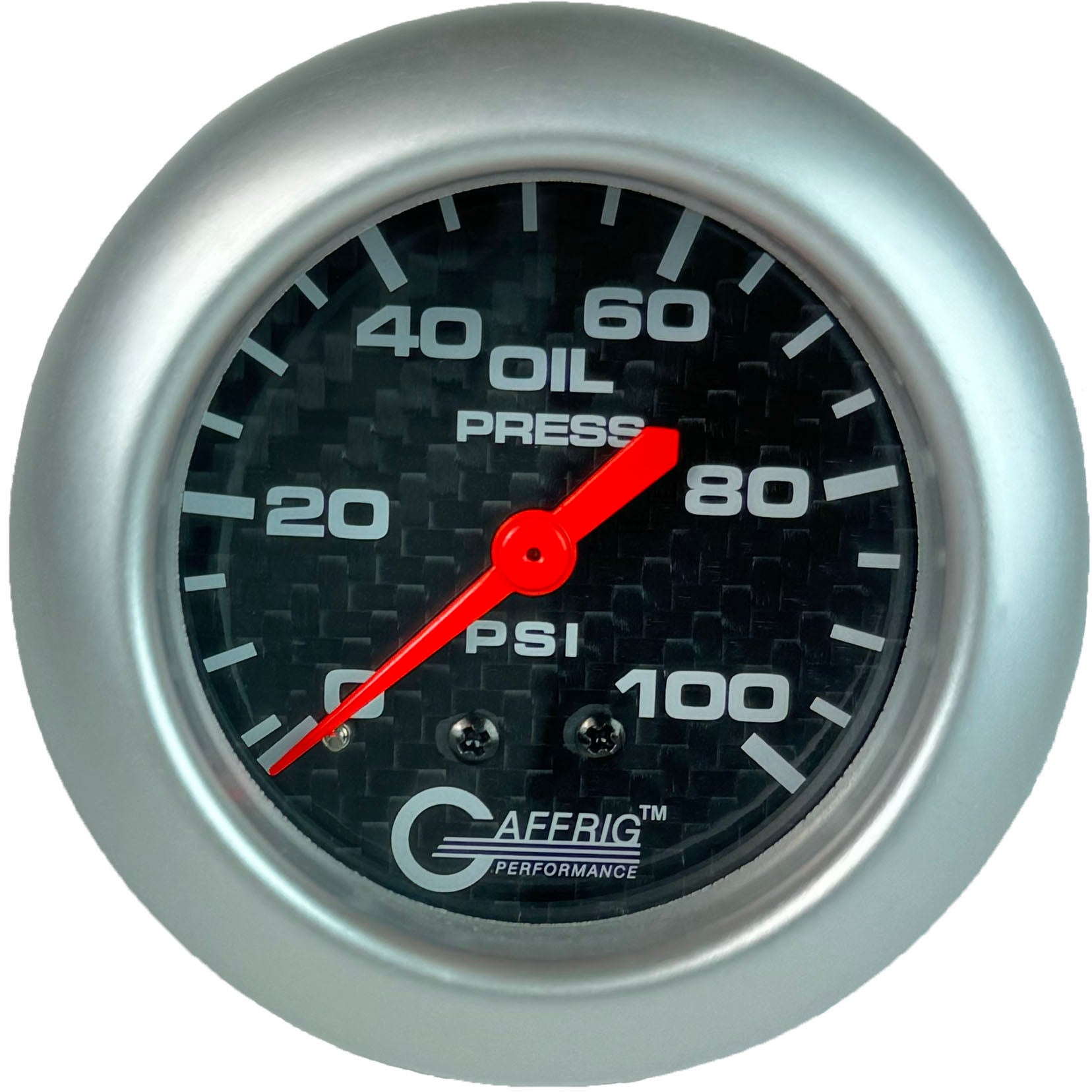 GAFFRIG PART #12011 2 5/8 INCH MECHANICAL OIL PRESSURE 0-100 PSI CARBON FIBER PLATINUM