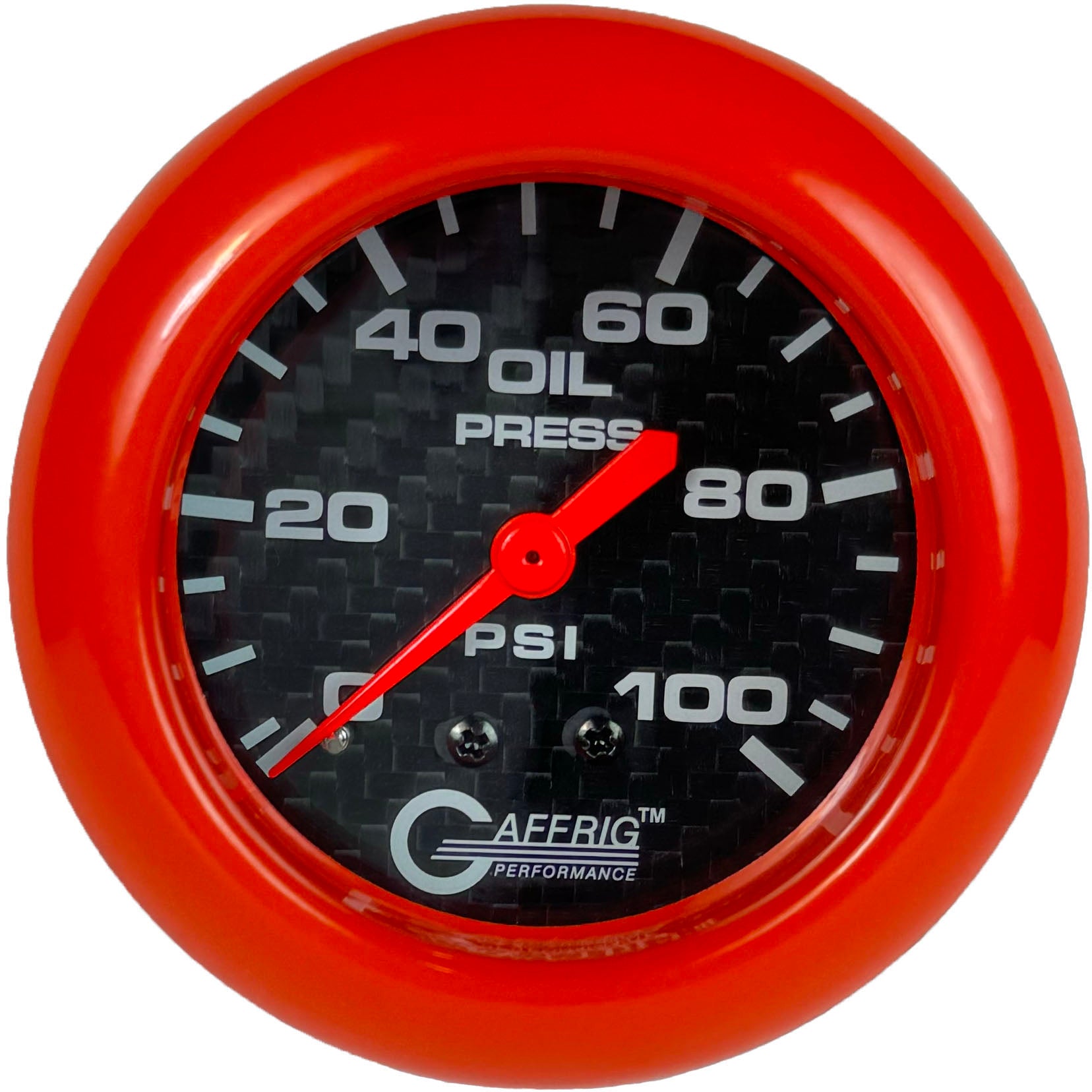 GAFFRIG PART #12011 2 5/8 INCH MECHANICAL OIL PRESSURE 0-100 PSI CARBON FIBER ORANGE