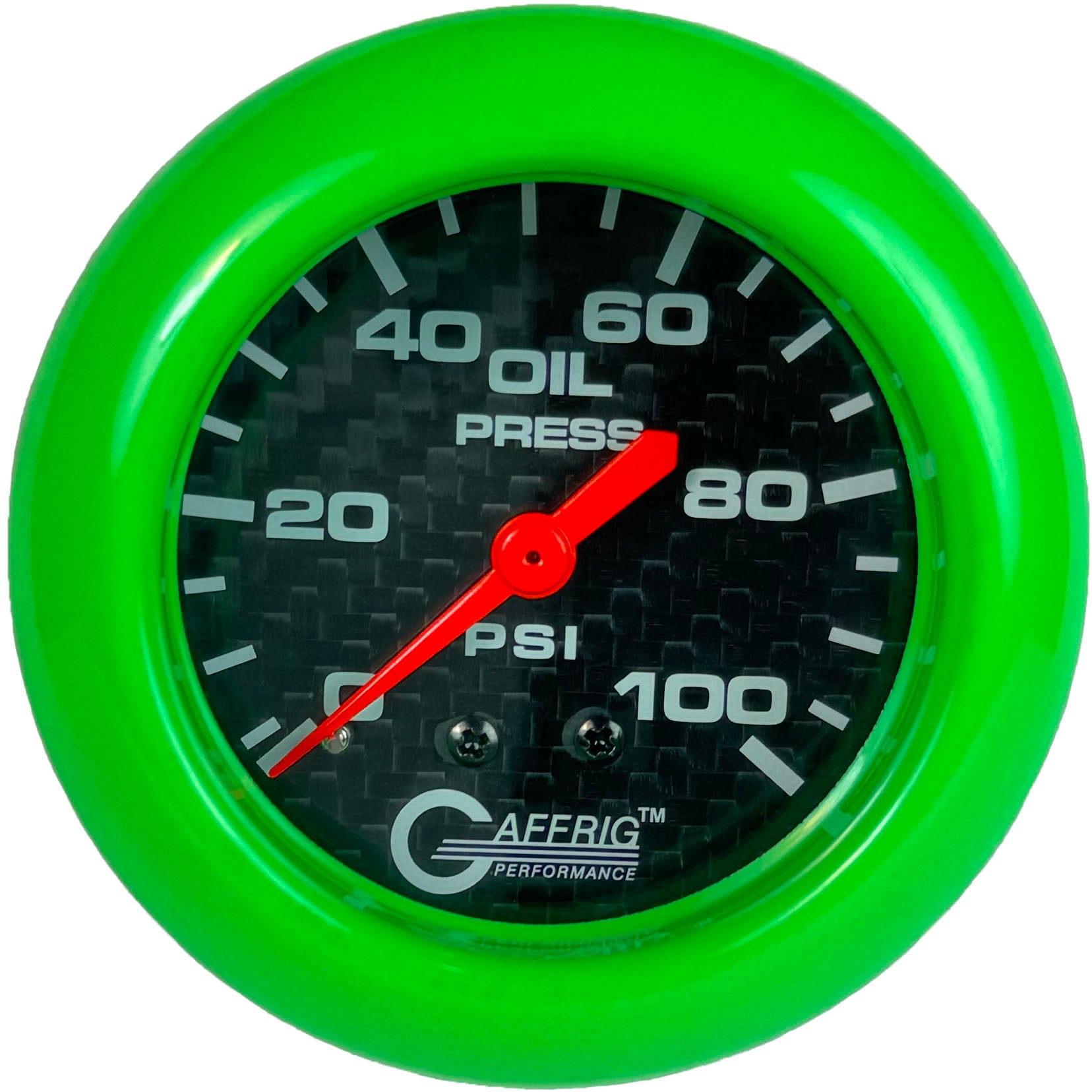 GAFFRIG PART #12011 2 5/8 INCH MECHANICAL OIL PRESSURE 0-100 PSI CARBON FIBER LIME GREEN