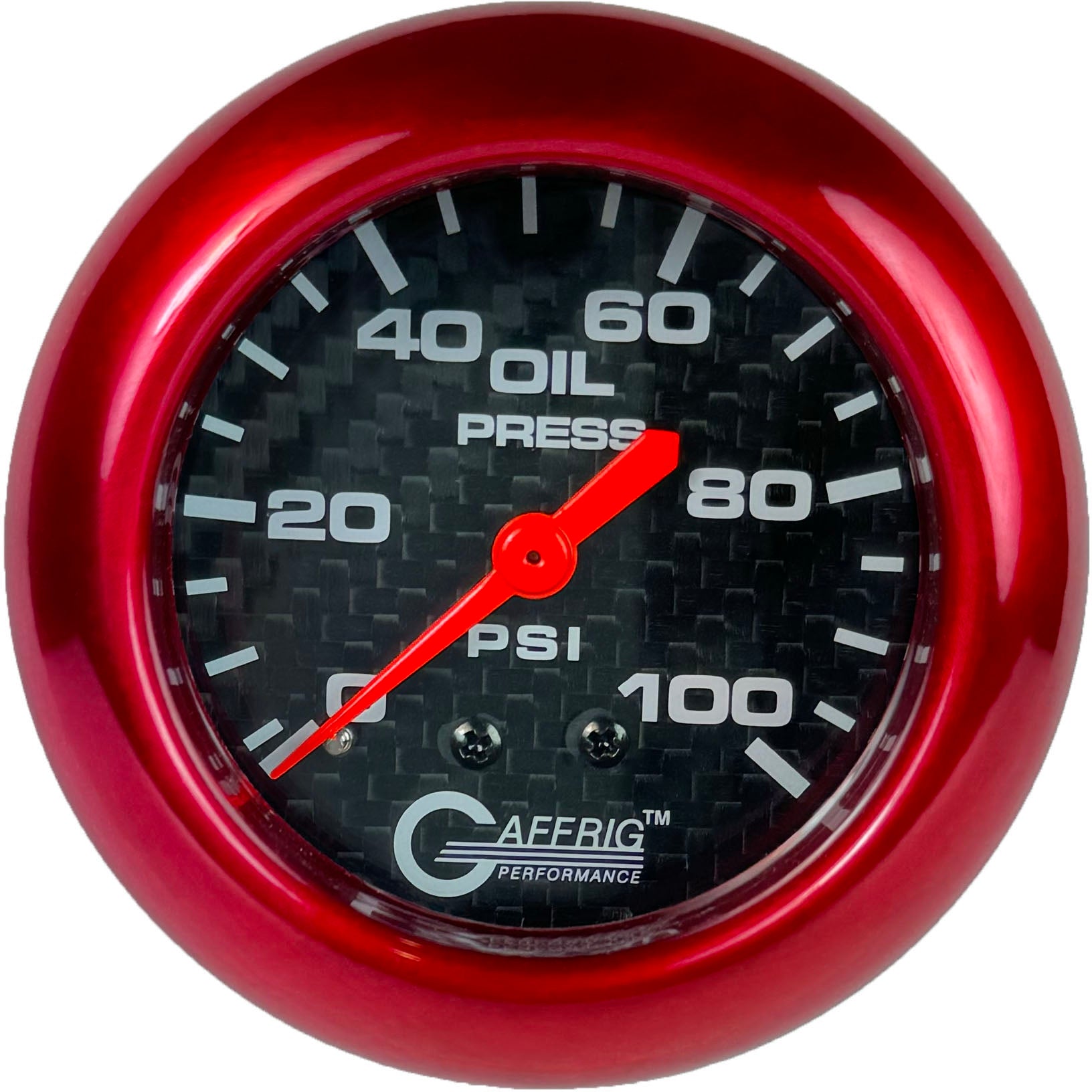 GAFFRIG PART #12011 2 5/8 INCH MECHANICAL OIL PRESSURE 0-100 PSI CARBON FIBER RED