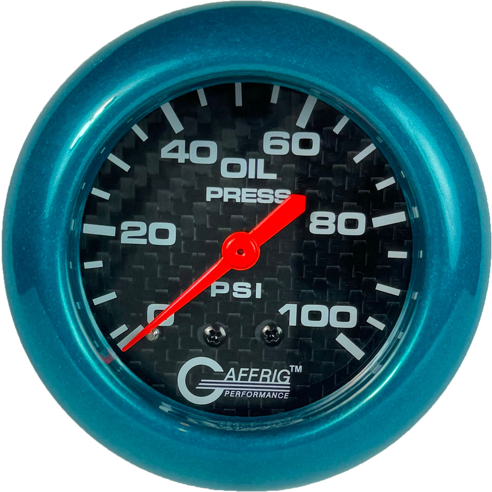 GAFFRIG PART #12011 2 5/8 INCH MECHANICAL OIL PRESSURE 0-100 PSI CARBON FIBER TEAL