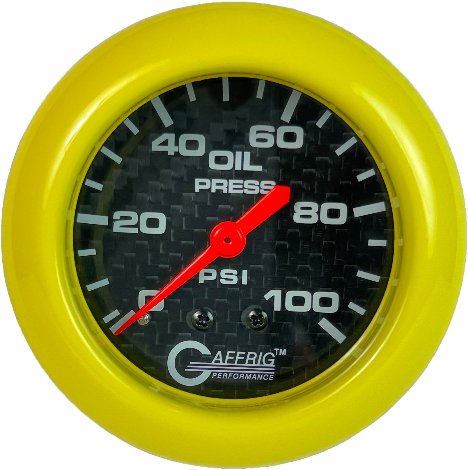 GAFFRIG PART #12011 2 5/8 INCH MECHANICAL OIL PRESSURE 0-100 PSI CARBON FIBER YELLOW