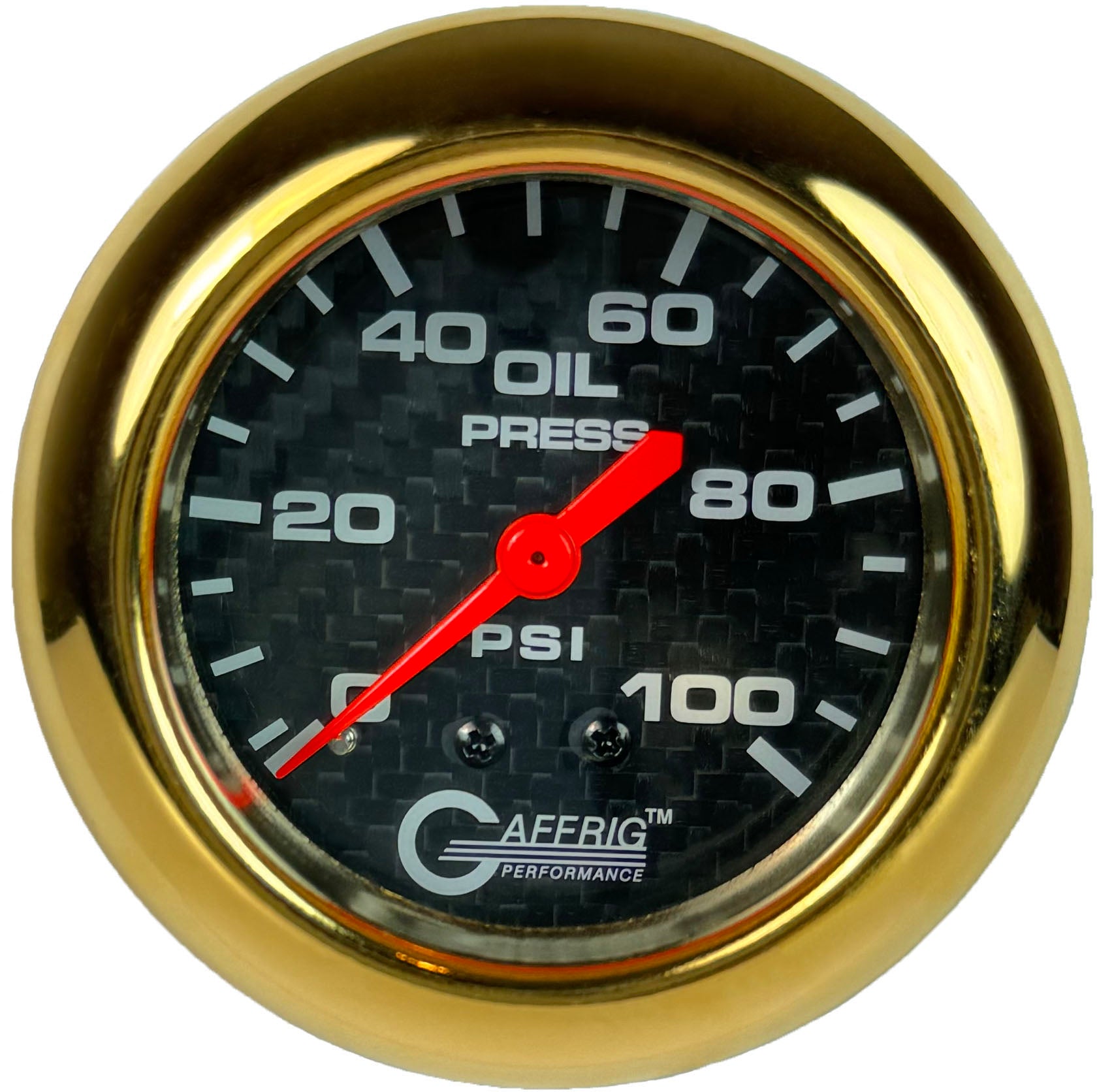 GAFFRIG PART #12011 2 5/8 INCH MECHANICAL OIL PRESSURE 0-100 PSI CARBON FIBER GOLD