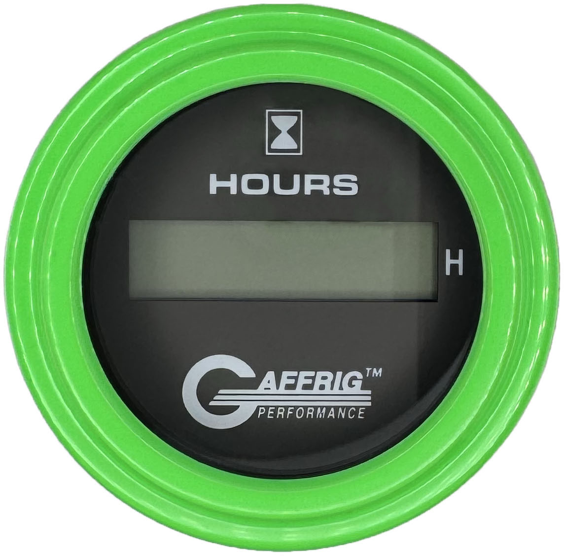 GAFFRIG PART #185010 2 INCH ELECTRIC ENGINE HOUR METER GAUGE BLACK LIME GREEN / STEP RIM