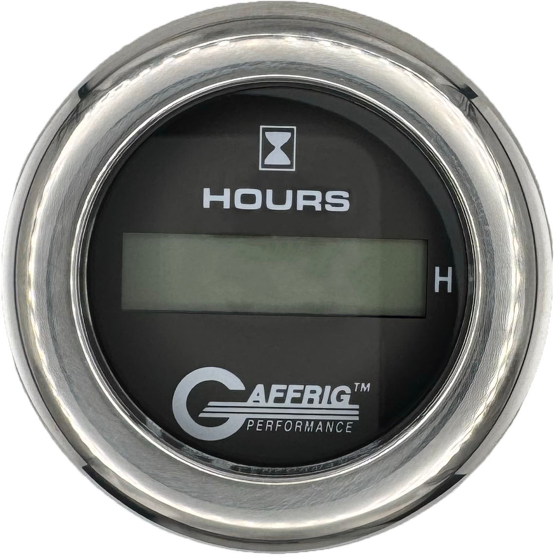 GAFFRIG PART #185010 2 INCH ELECTRIC ENGINE HOUR METER GAUGE BLACK CHROME / FAT RIM