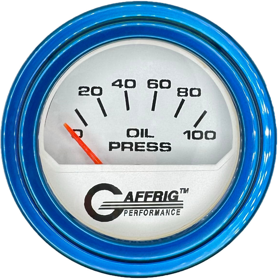 GAFFRIG PART #195512 2 INCH ELECTRIC OIL PRESSURE GAUGE 0-100 PSI WHITE BLUE / STEP RIM