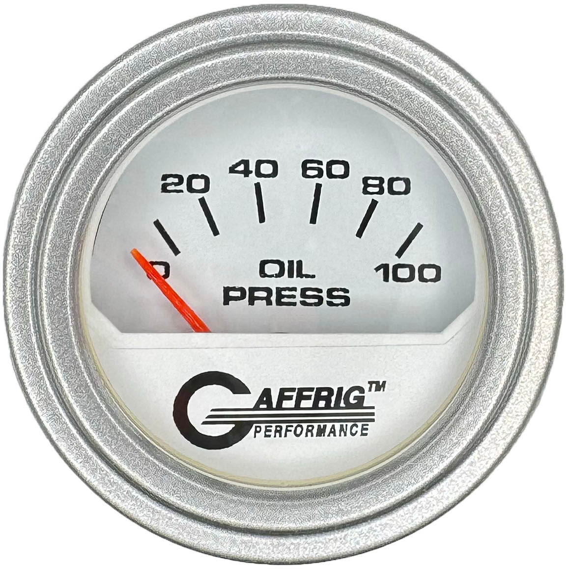 GAFFRIG PART #195512 2 INCH ELECTRIC OIL PRESSURE GAUGE 0-100 PSI WHITE PLATINUM / STEP RIM