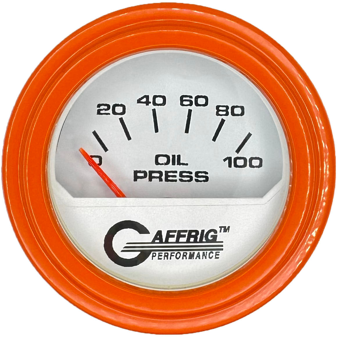 GAFFRIG PART #195512 2 INCH ELECTRIC OIL PRESSURE GAUGE 0-100 PSI WHITE ORANGE / STEP RIM