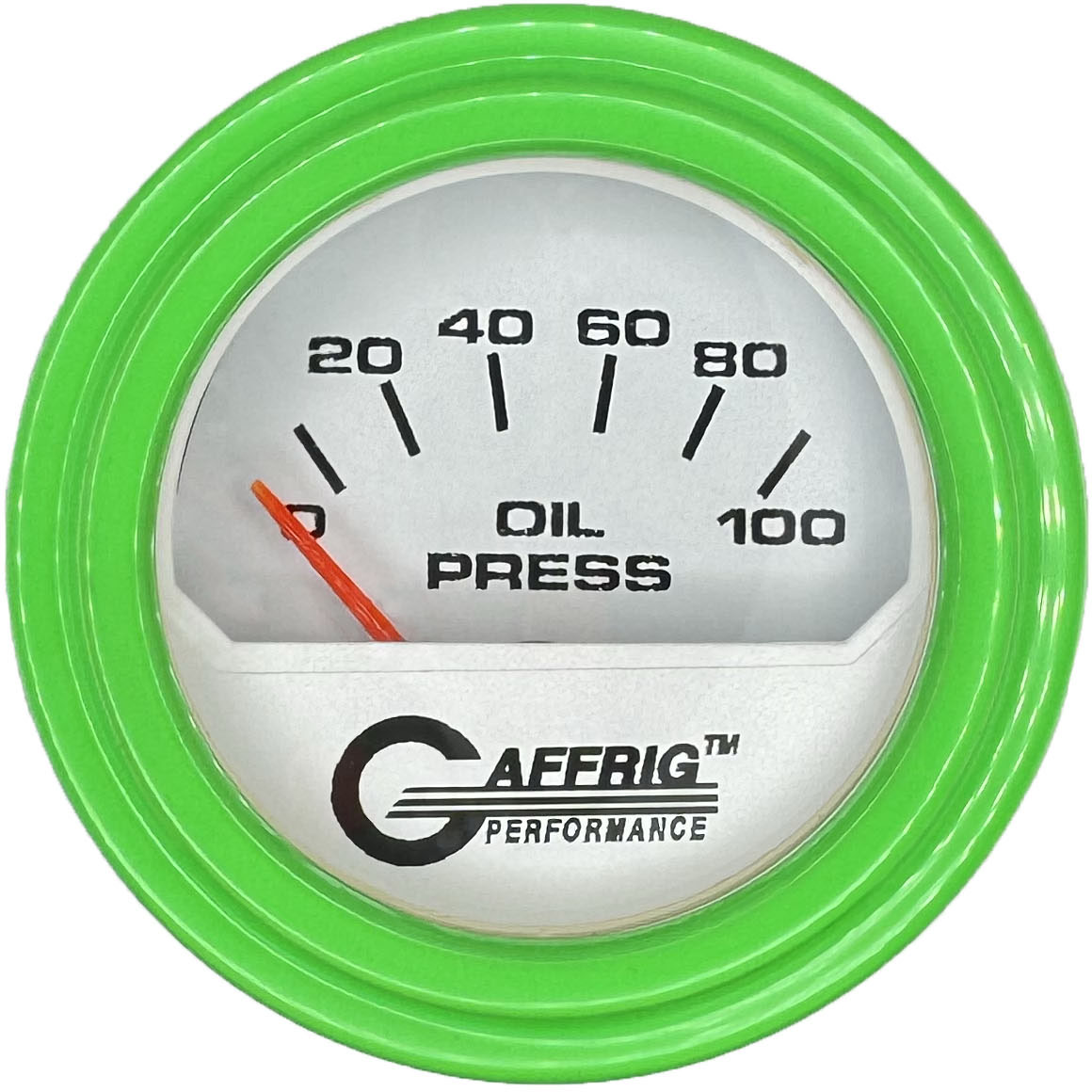 GAFFRIG PART #195512 2 INCH ELECTRIC OIL PRESSURE GAUGE 0-100 PSI WHITE LIME GREEN / STEP RIM