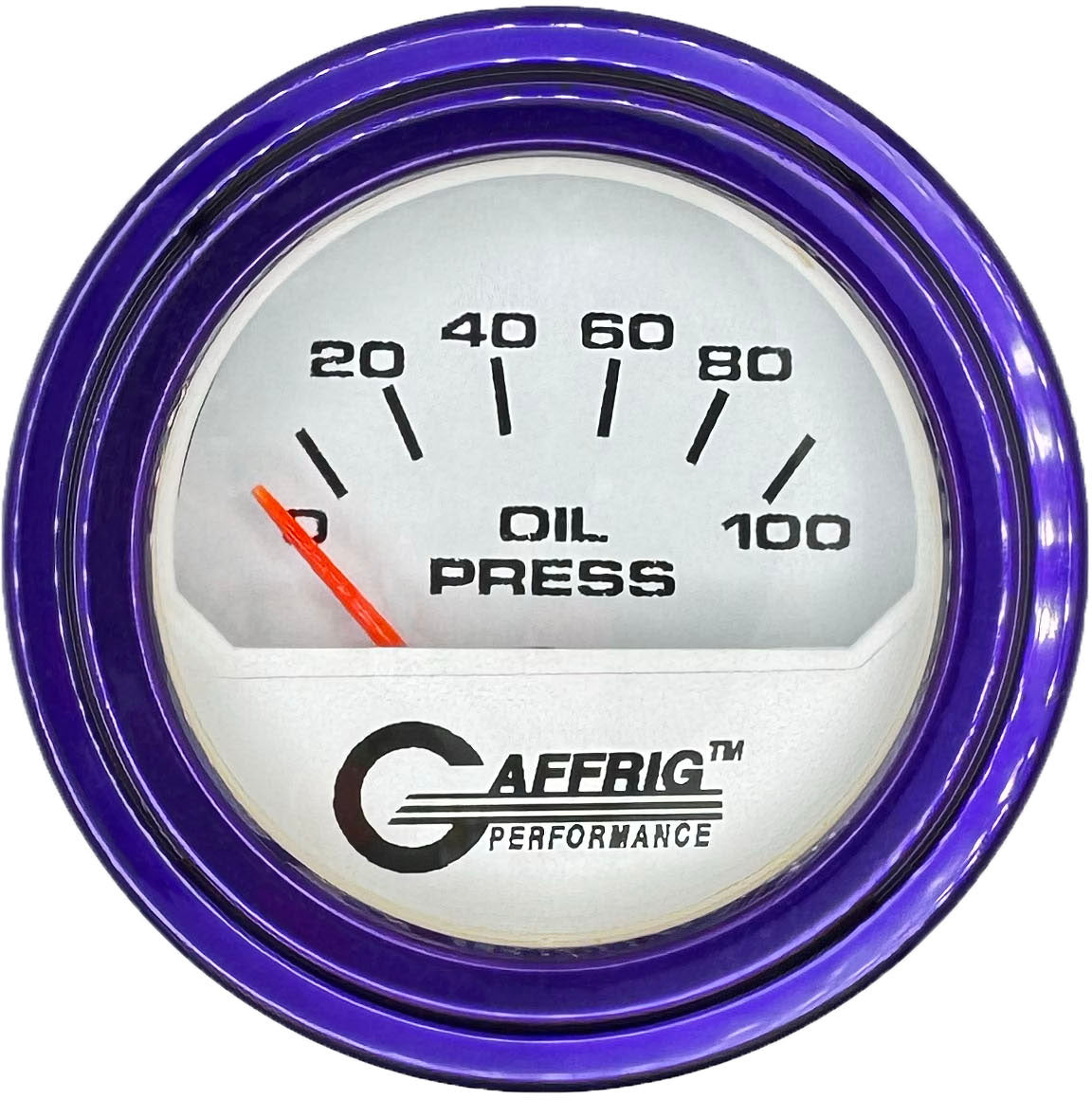 GAFFRIG PART #195512 2 INCH ELECTRIC OIL PRESSURE GAUGE 0-100 PSI WHITE PURPLE / STEP RIM