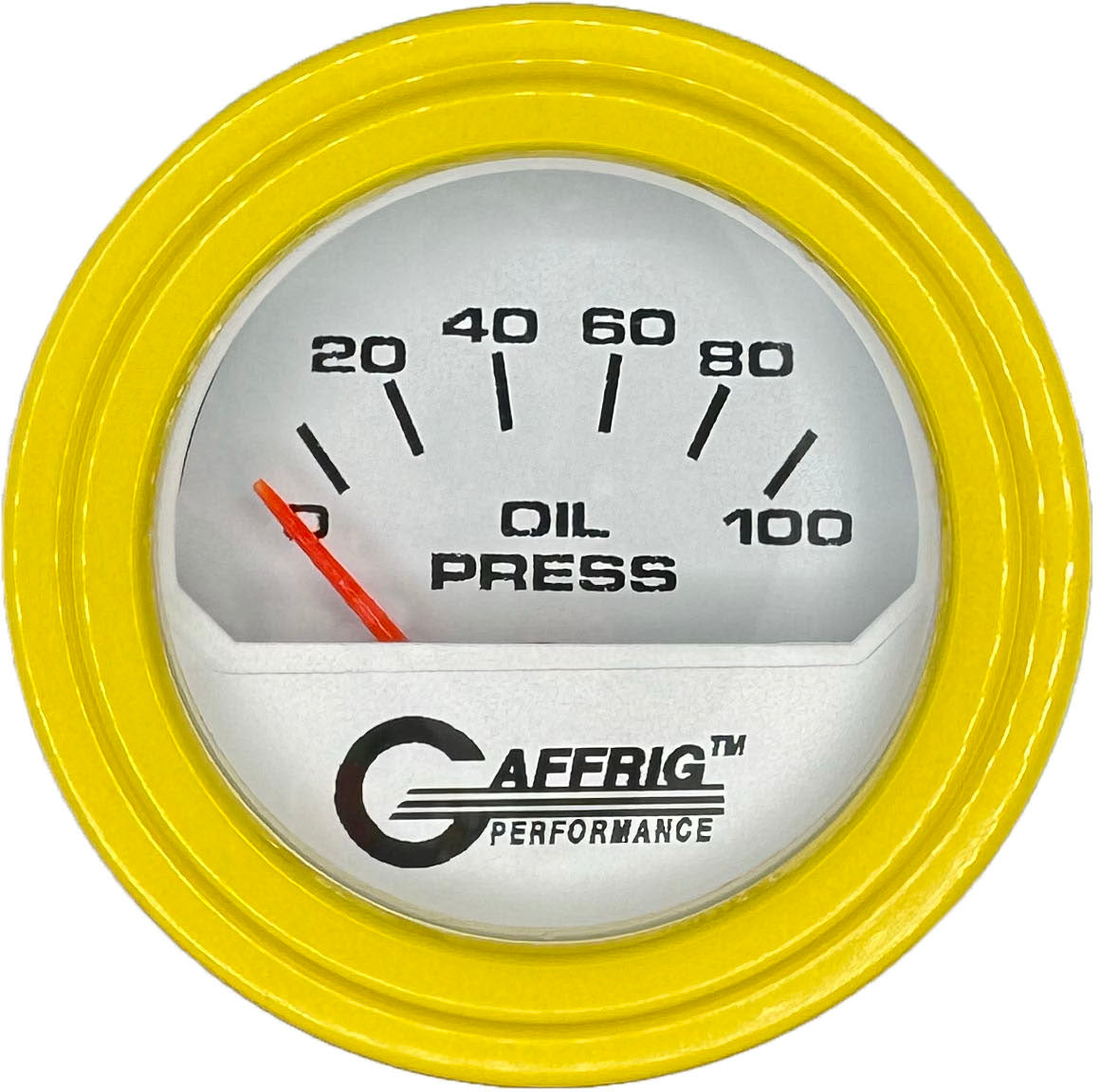 GAFFRIG PART #195512 2 INCH ELECTRIC OIL PRESSURE GAUGE 0-100 PSI WHITE YELLOW / STEP RIM