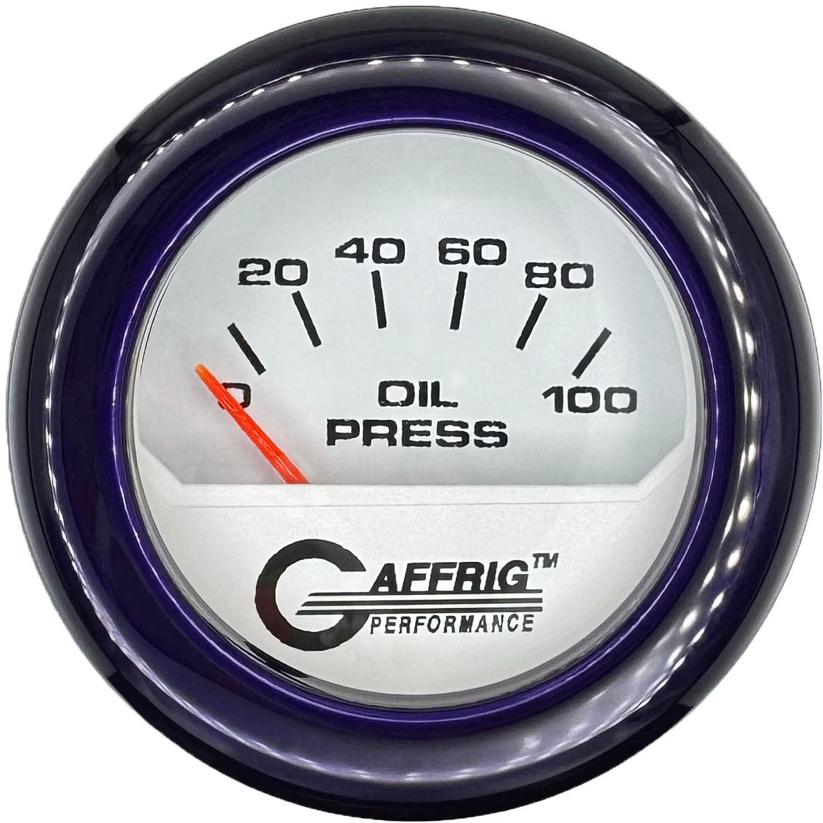 GAFFRIG PART #195512 2 INCH ELECTRIC OIL PRESSURE GAUGE 0-100 PSI WHITE PURPLE / FAT RIM