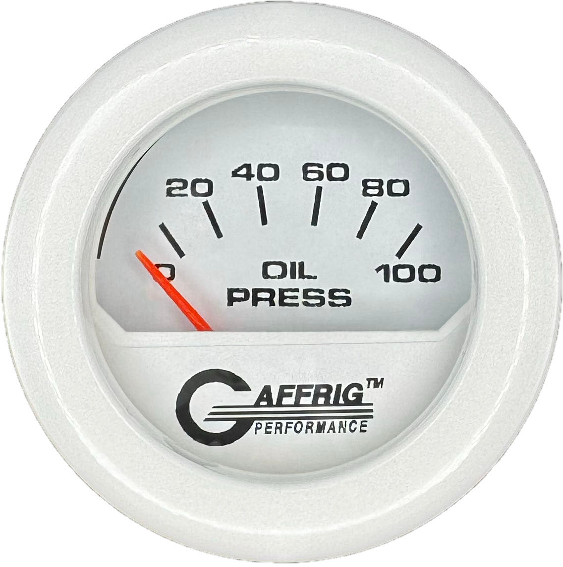 GAFFRIG PART #195512 2 INCH ELECTRIC OIL PRESSURE GAUGE 0-100 PSI WHITE WHITE / FAT RIM