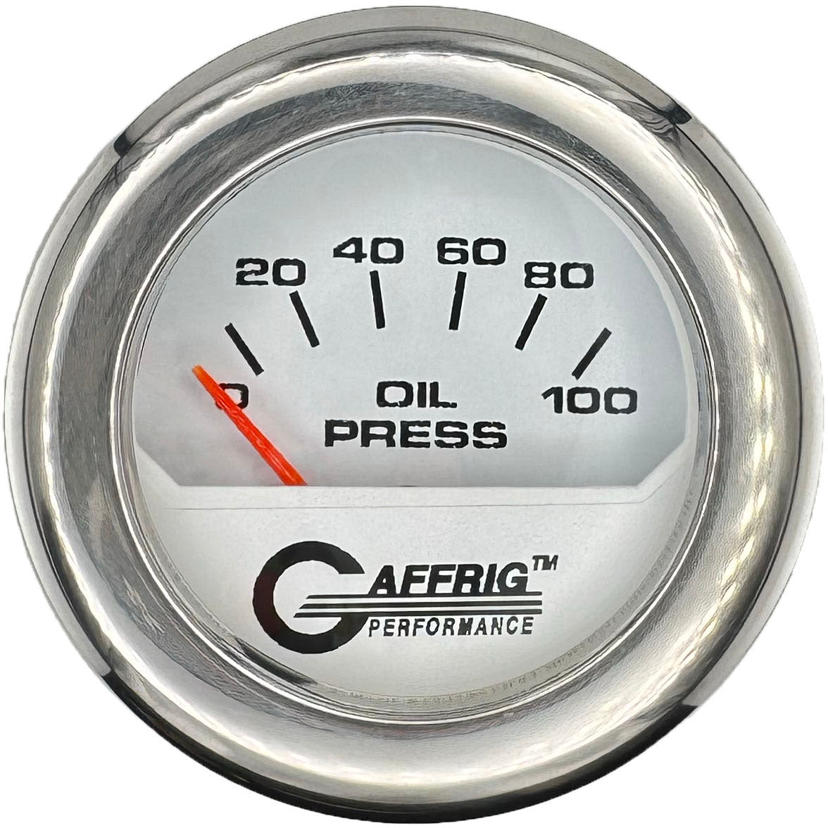 GAFFRIG PART #195512 2 INCH ELECTRIC OIL PRESSURE GAUGE 0-100 PSI WHITE CHROME / FAT RIM