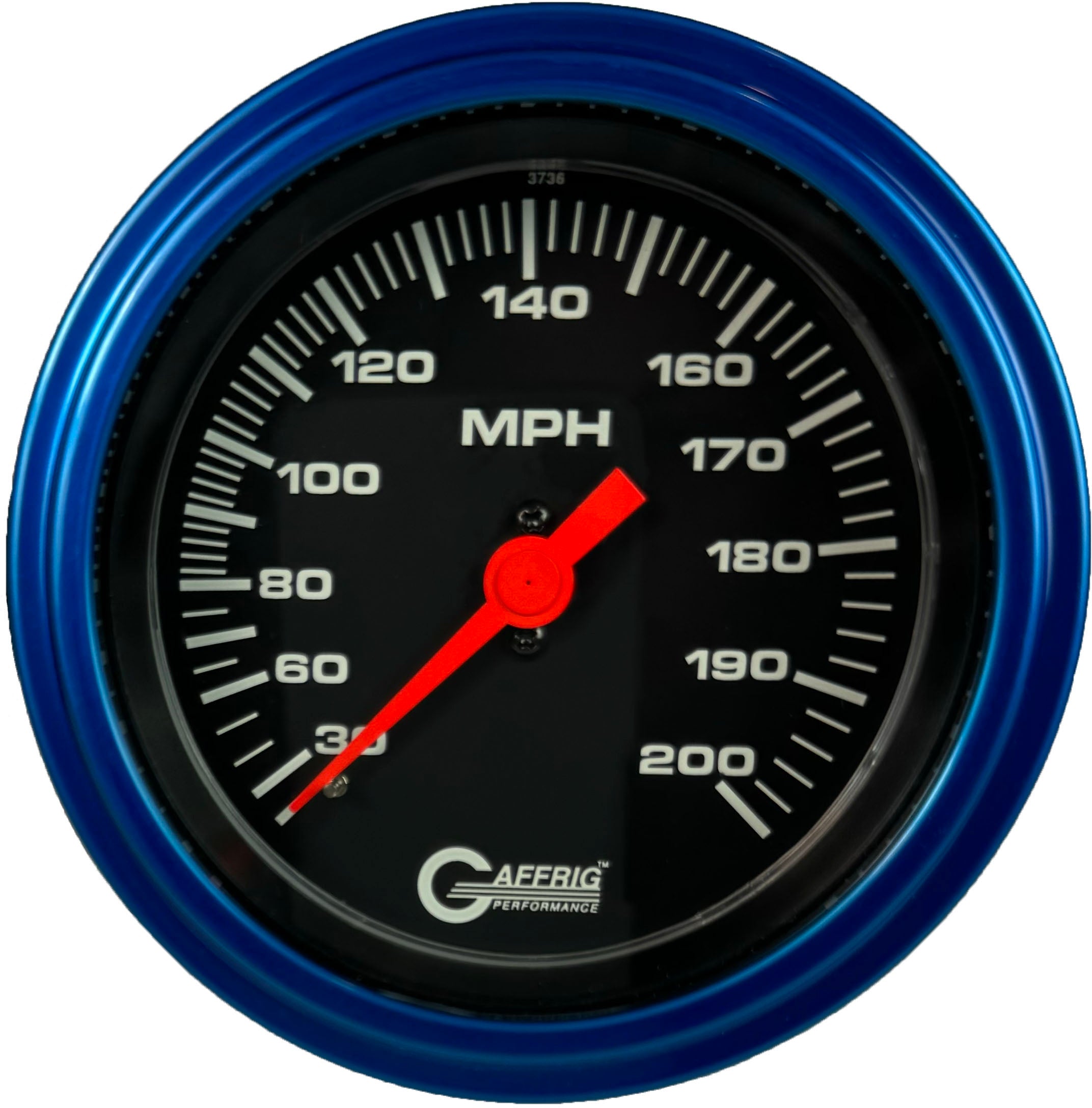 GAFFRIG PART #4014 3 3/8 INCH MECHANICAL DRY SPEEDOMETER GAUGE 200 MPH BLACK - HEAD ONLY BLUE / STEP RIM