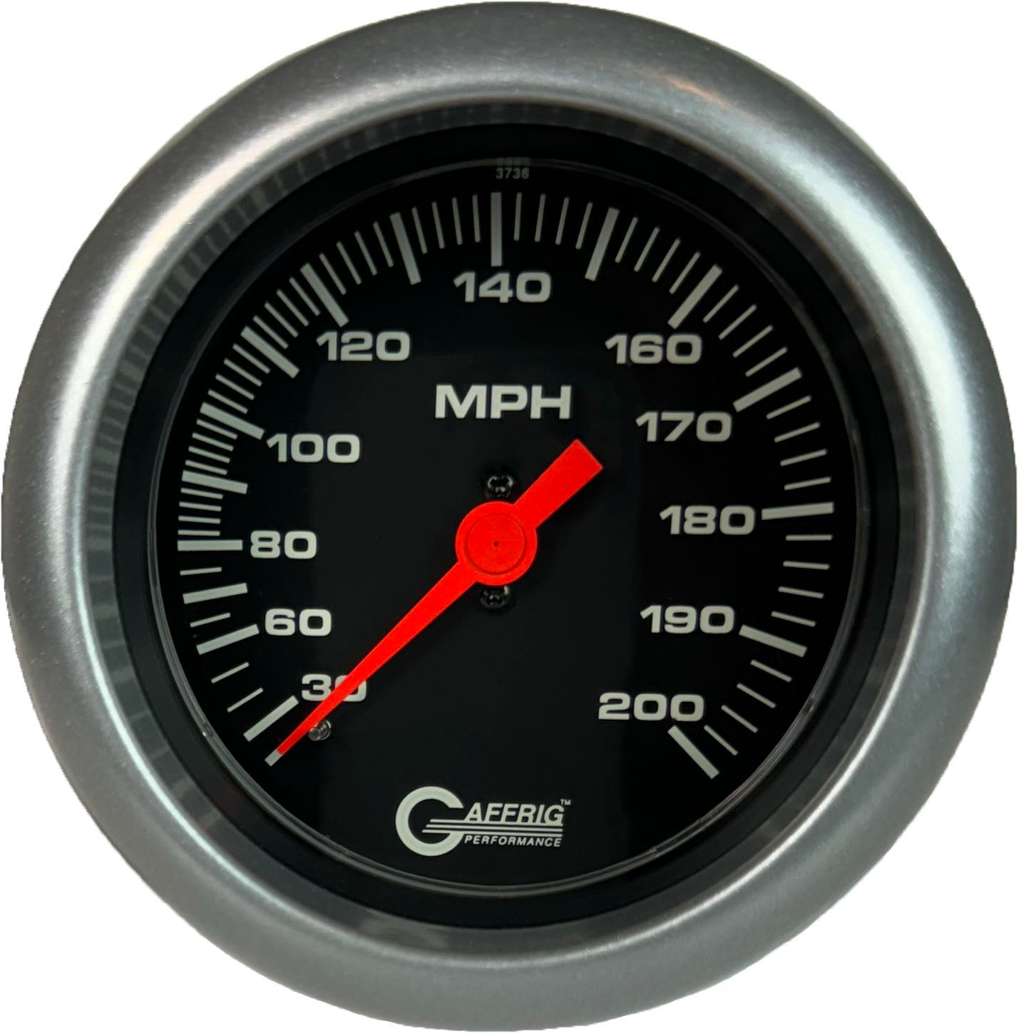 GAFFRIG PART #4014 3 3/8 INCH MECHANICAL DRY SPEEDOMETER GAUGE 200 MPH BLACK - HEAD ONLY PLATINUM / STEP RIM