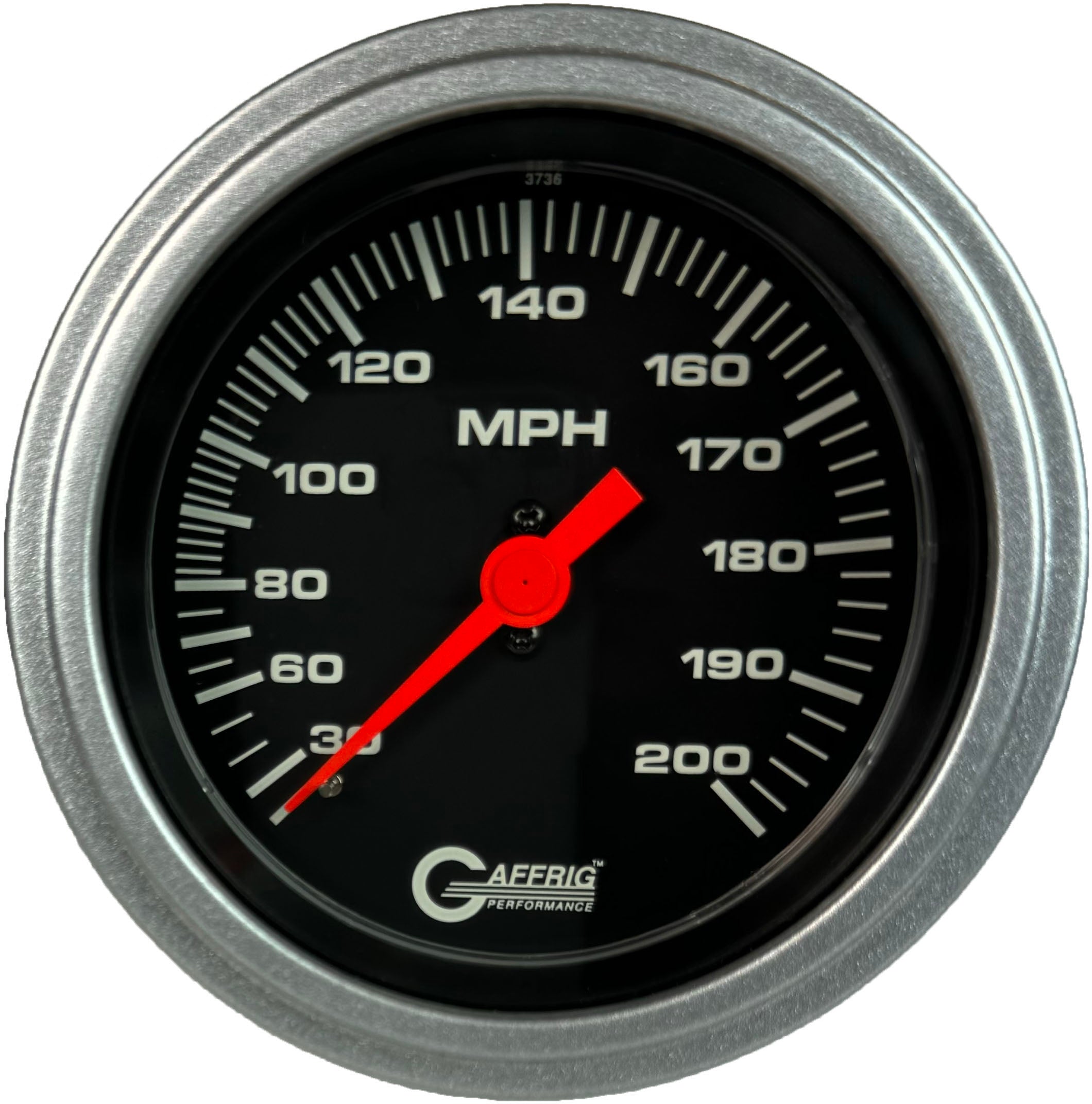 GAFFRIG PART #4014 3 3/8 INCH MECHANICAL DRY SPEEDOMETER GAUGE 200 MPH BLACK - HEAD ONLY PLATINUM / STEP RIM